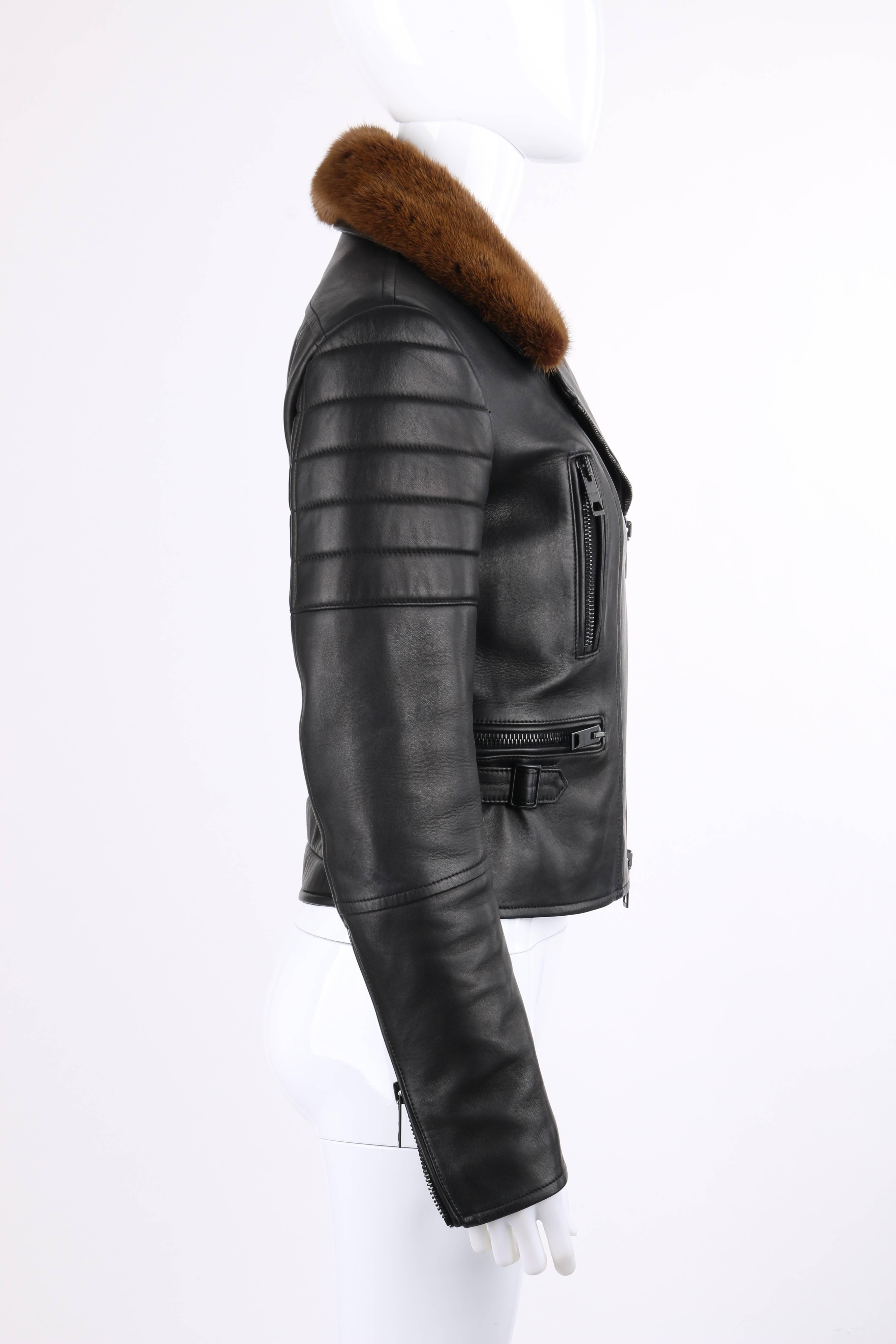 Noir BURBERRY Prorsum - Veste de moto en cuir d'agneau et vison noir, pré-collection automne 2013 en vente