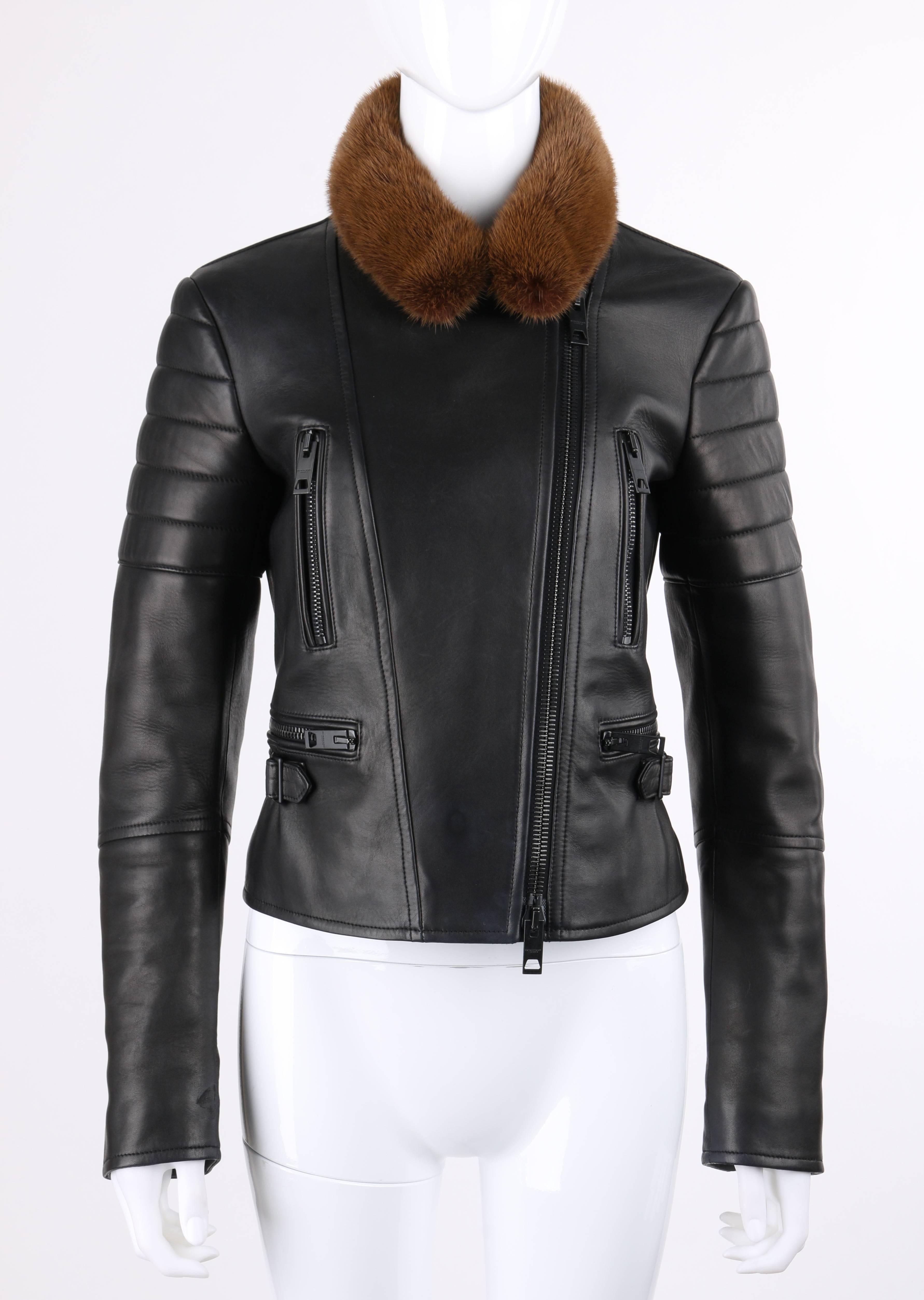 Burberry Prorsum Pre-fall 2013 black lambskin leather and copper mink fur collar motorcycle jacket. Long sleeves with quilted shoulder detail and metal zipper gussets at cuffs. Notched lapel collar with mink fur overlay and center front removable