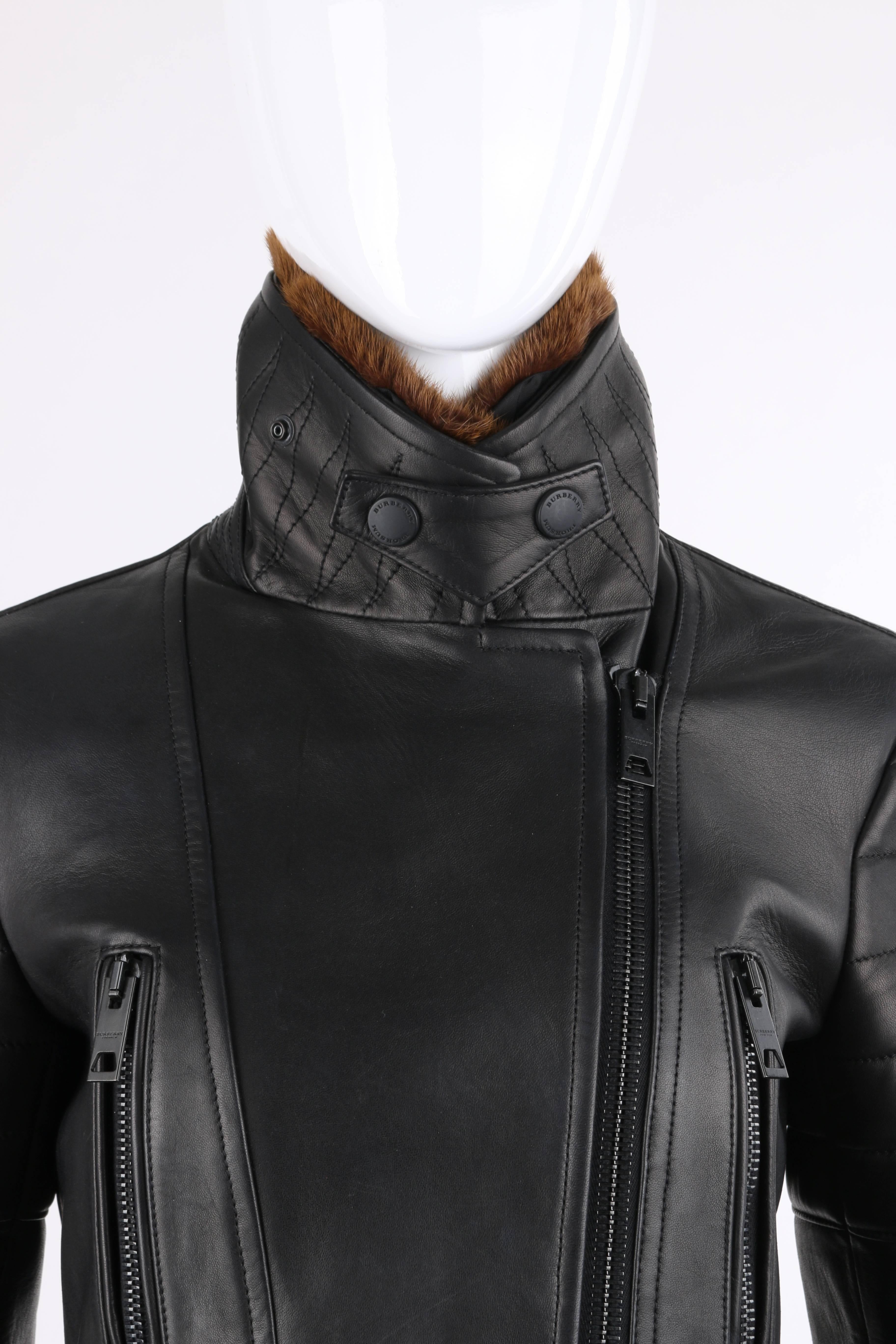 BURBERRY Prorsum - Veste de moto en cuir d'agneau et vison noir, pré-collection automne 2013 en vente 2