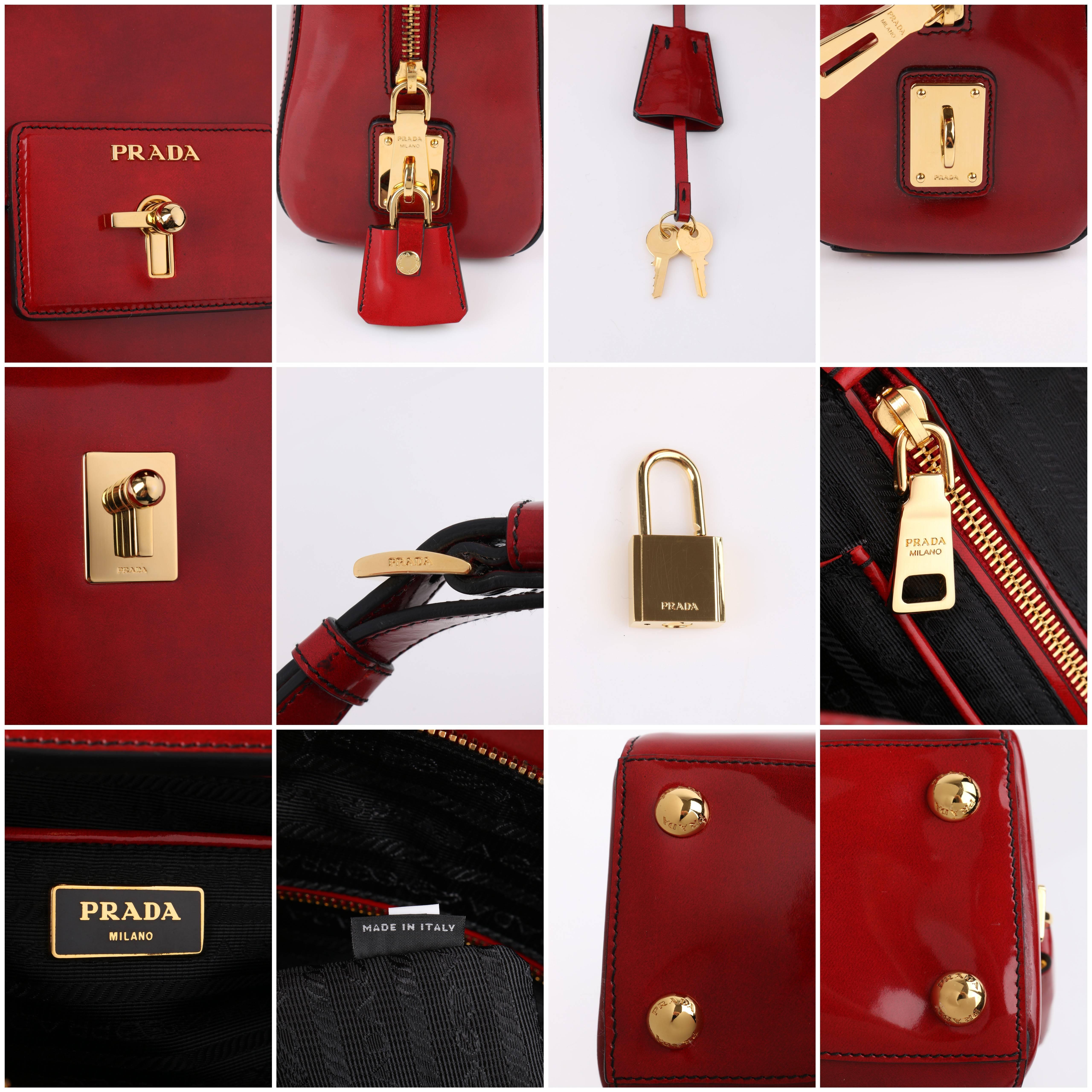PRADA A/W 2012 Scarlet Red Spazzolato Leather Turn Lock Handbag Purse In Excellent Condition In Thiensville, WI