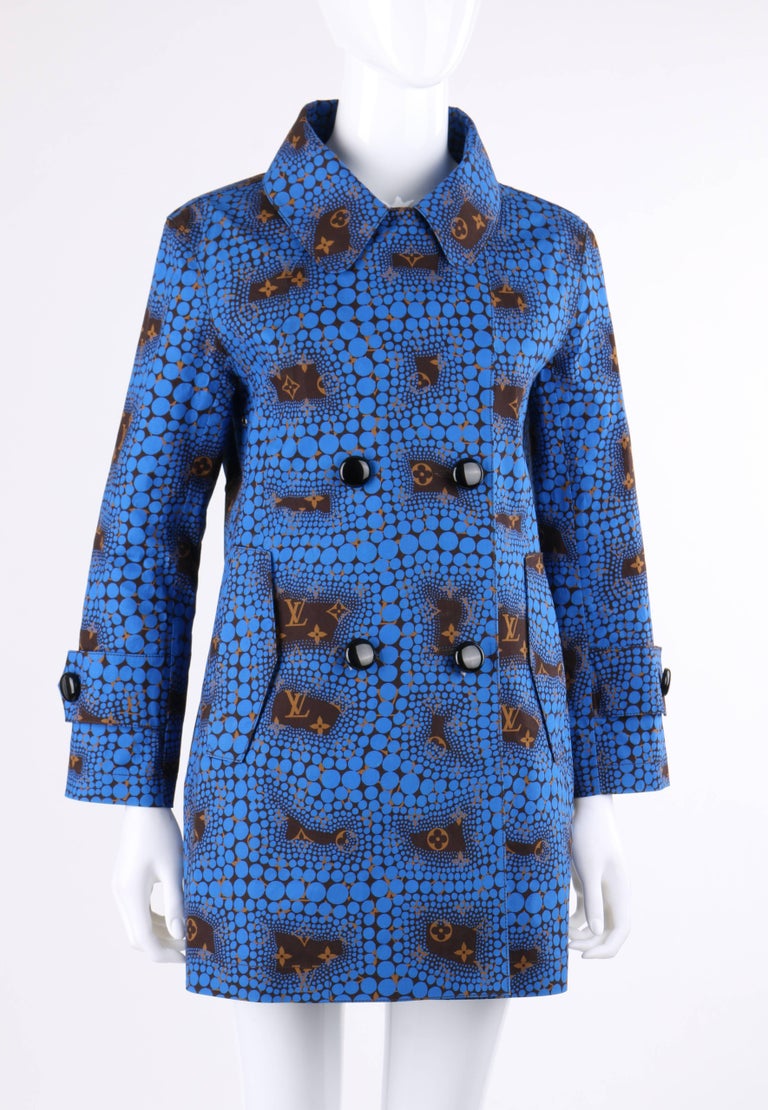 LOUIS VUITTON c.2012 YAYOI KUSAMA Blue &quot;Monogram Town&quot; Polkadot Trench Coat RARE For Sale at 1stdibs