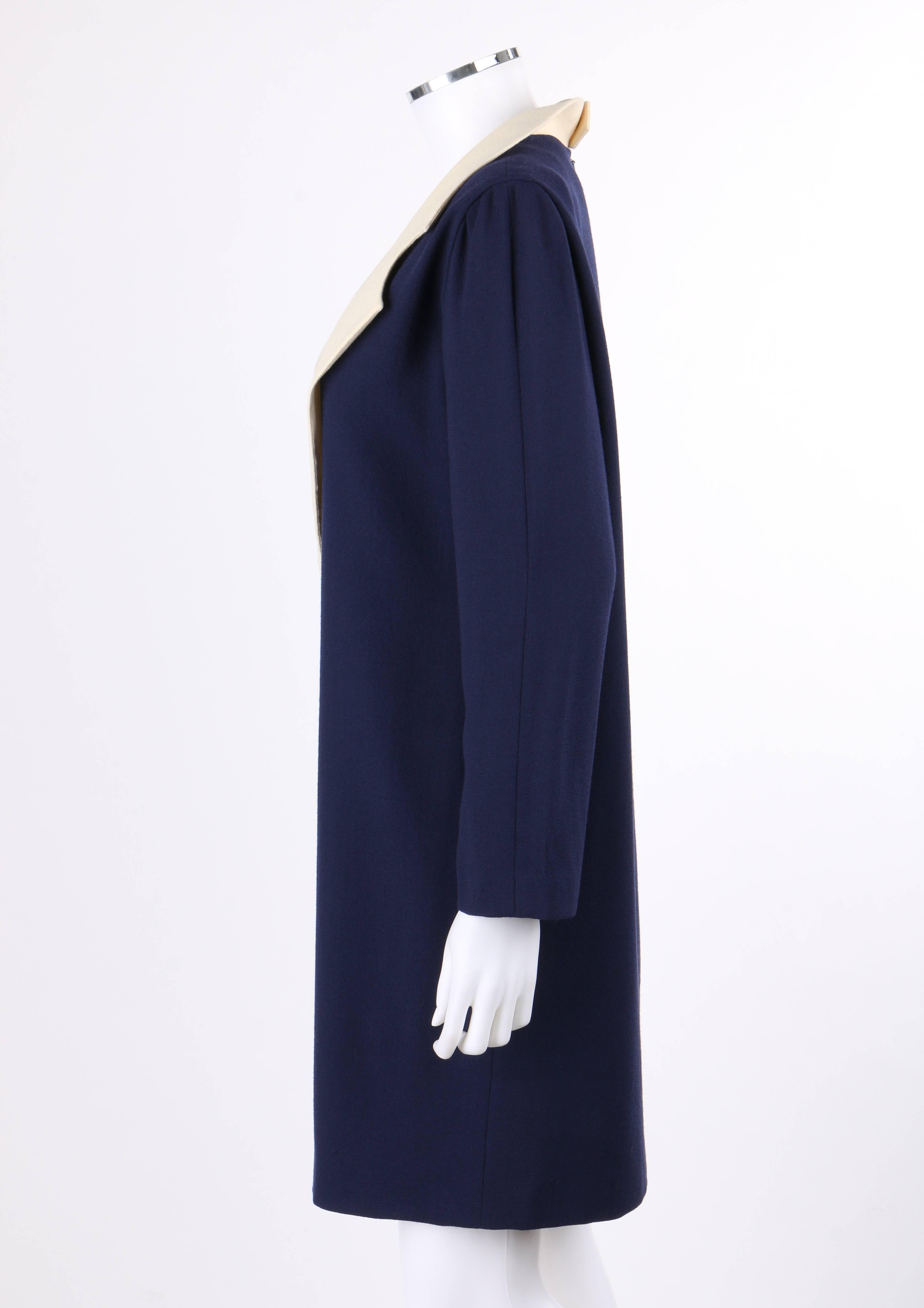 PIERRE CARDIN c.1992 Navy Blue & Ivory Wool Statement Collar Mod Shift Dress 1