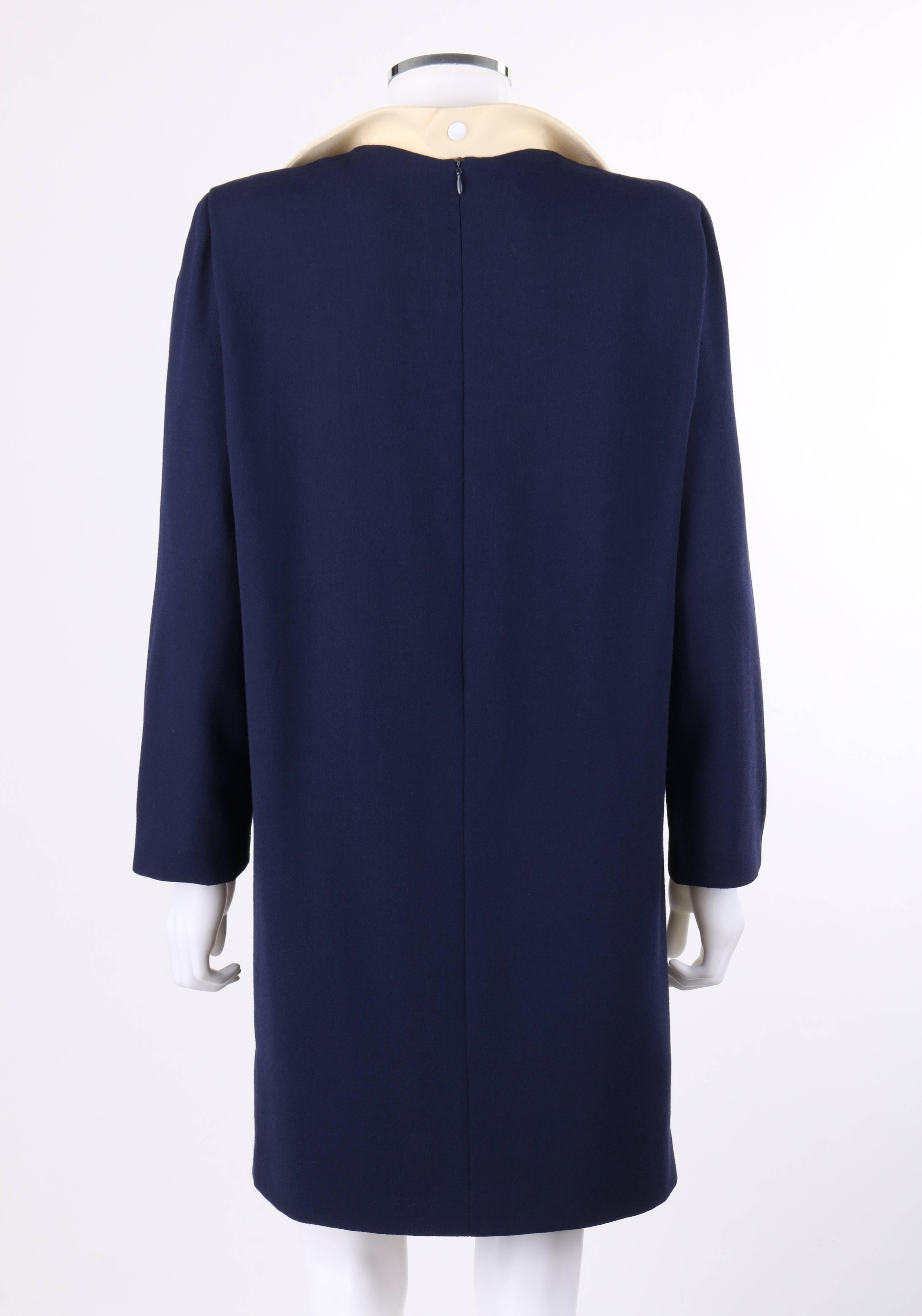 Women's PIERRE CARDIN c.1992 Navy Blue & Ivory Wool Statement Collar Mod Shift Dress