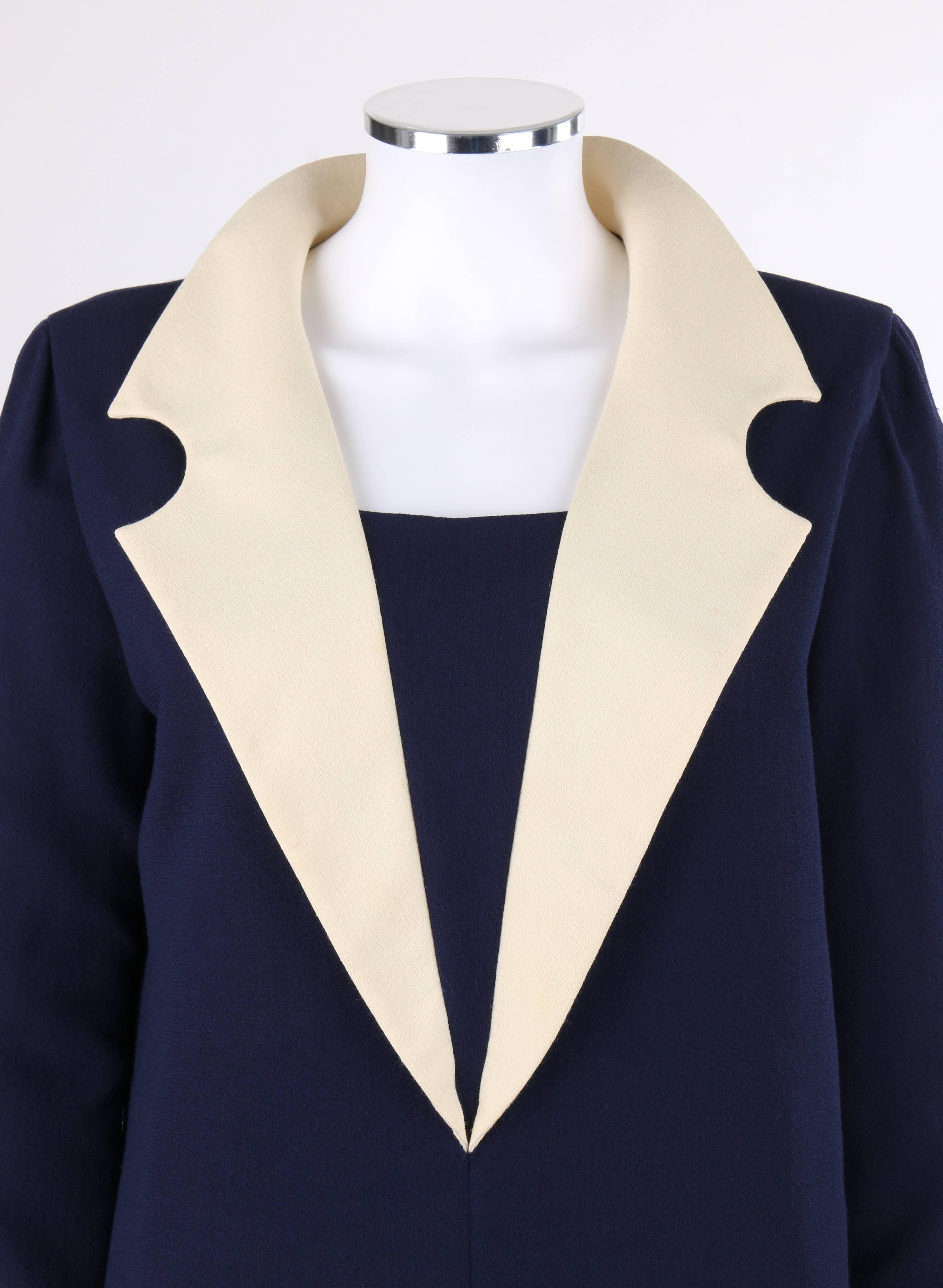 White PIERRE CARDIN c.1992 Navy Blue & Ivory Wool Statement Collar Mod Shift Dress