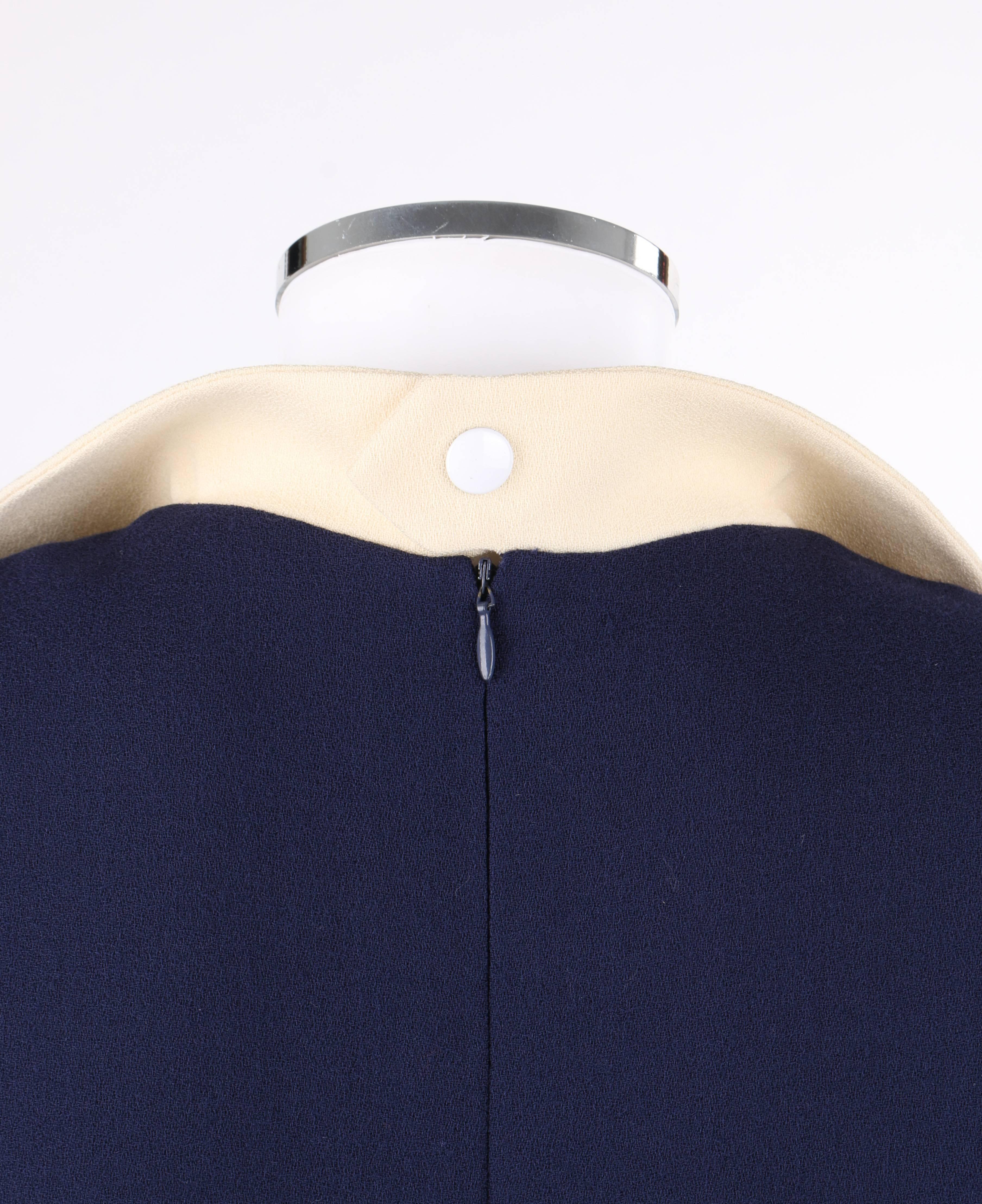 PIERRE CARDIN c.1992 Navy Blue & Ivory Wool Statement Collar Mod Shift Dress 2