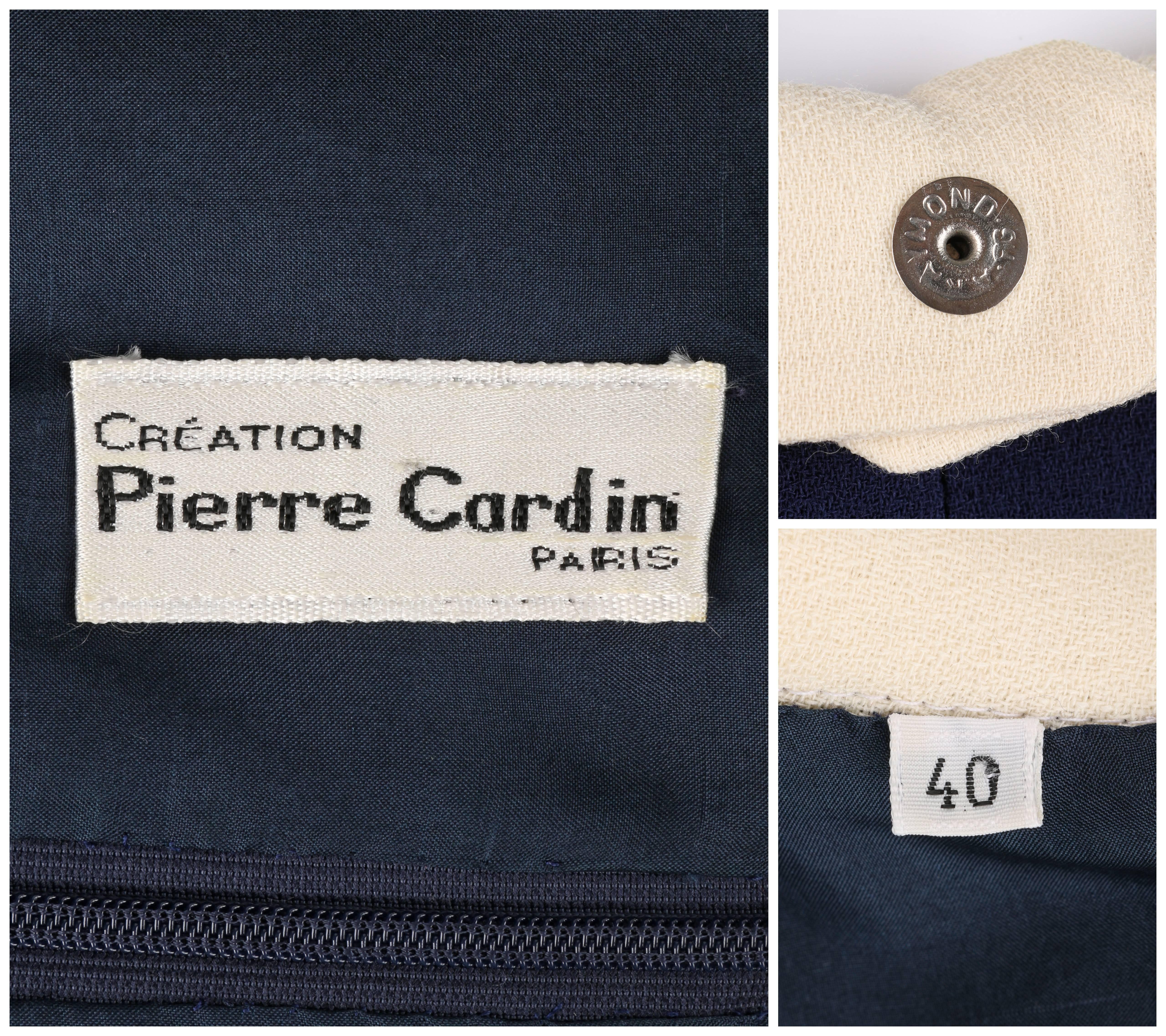 PIERRE CARDIN c.1992 Navy Blue & Ivory Wool Statement Collar Mod Shift Dress 3