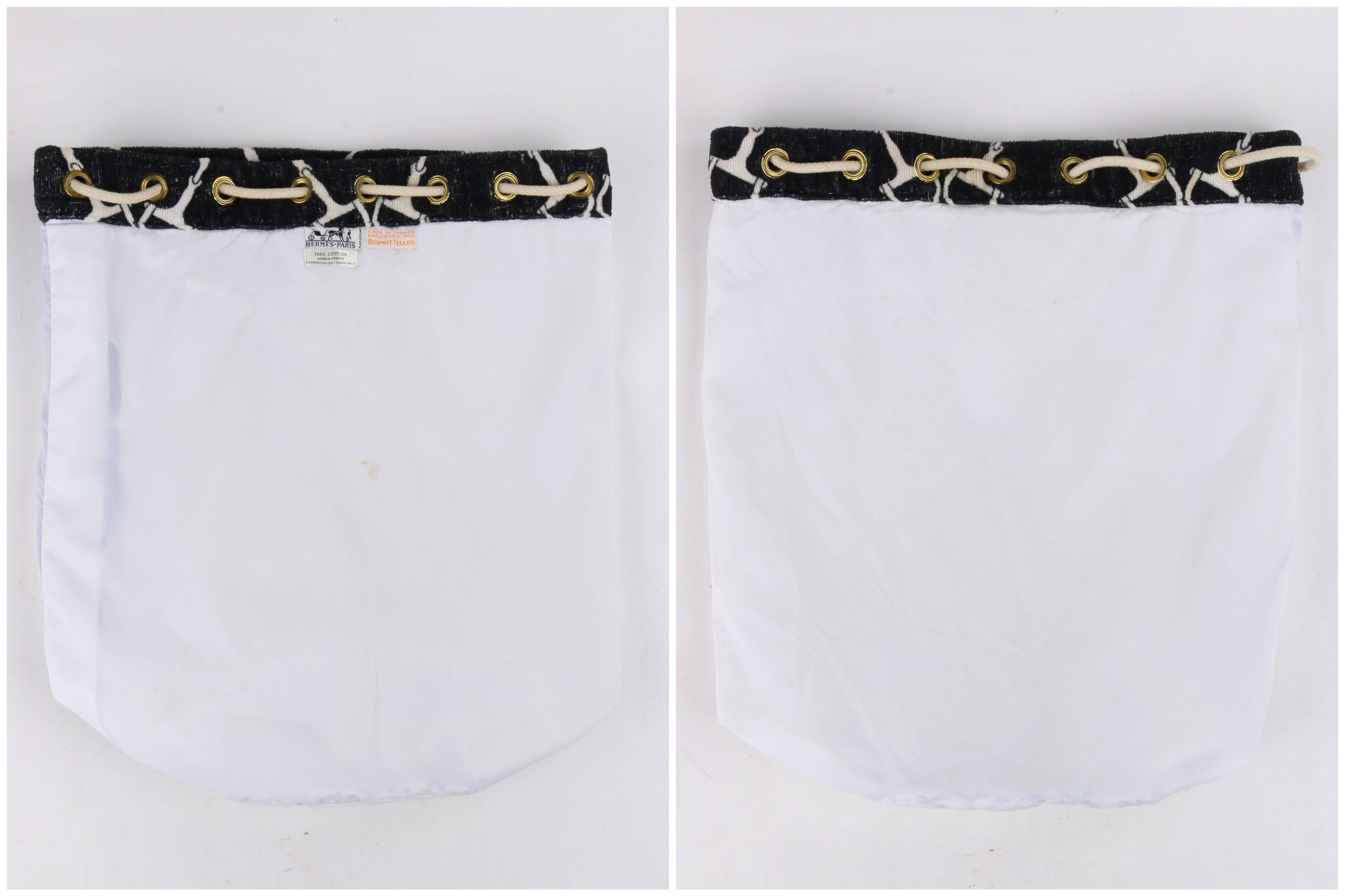 HERMES c.1980's 2pc Navy & White Horse Bit Beach Towel Drawstring Bucket Bag Set For Sale 2