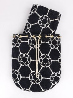 HERMES c.1980's 2pc Navy & White Horse Bit Beach Towel Drawstring Bucket Bag Set