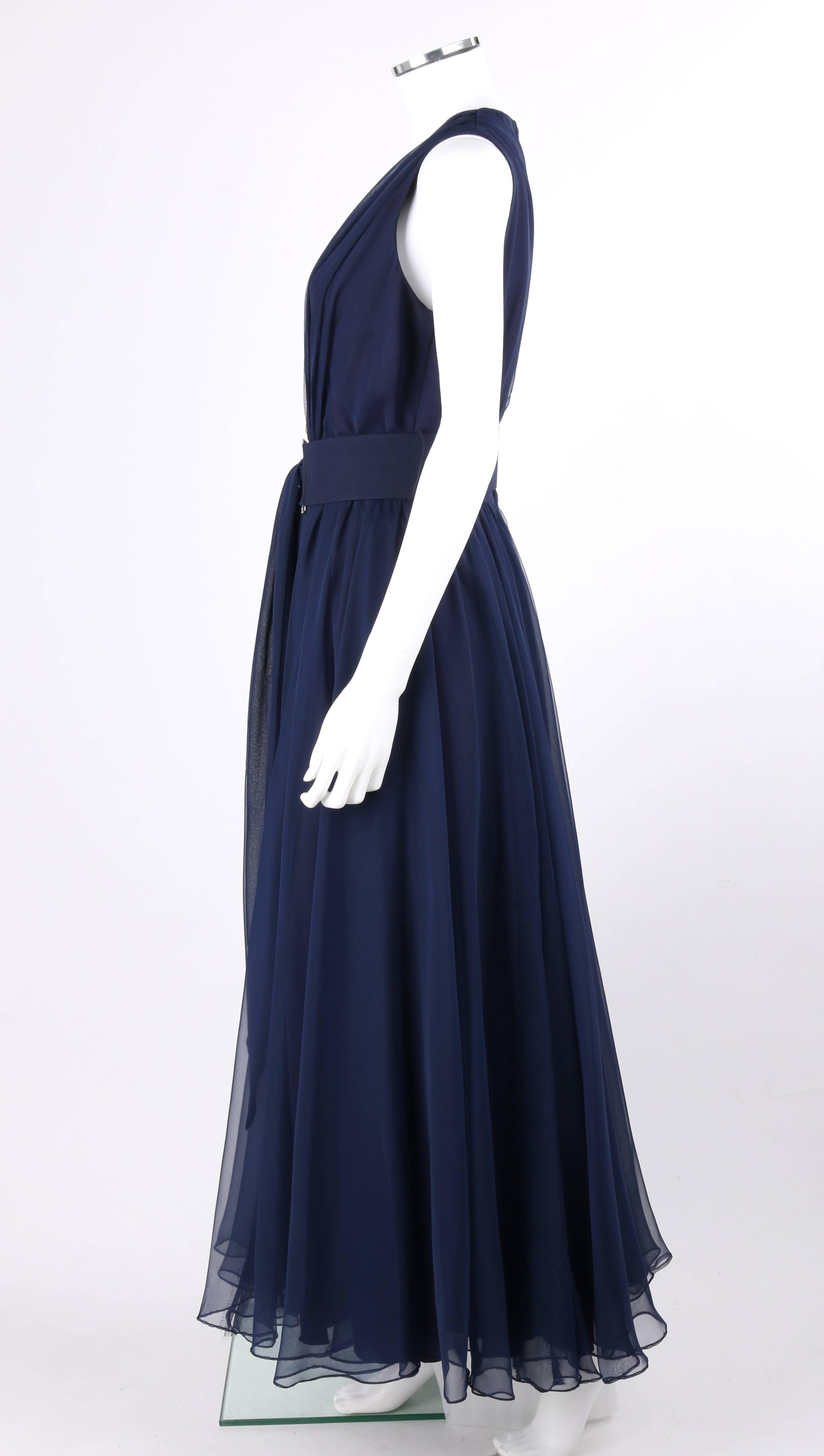 Black NAT KAPLAN c.1960's Navy Blue Chiffon Sleeveless Belted Evening Gown