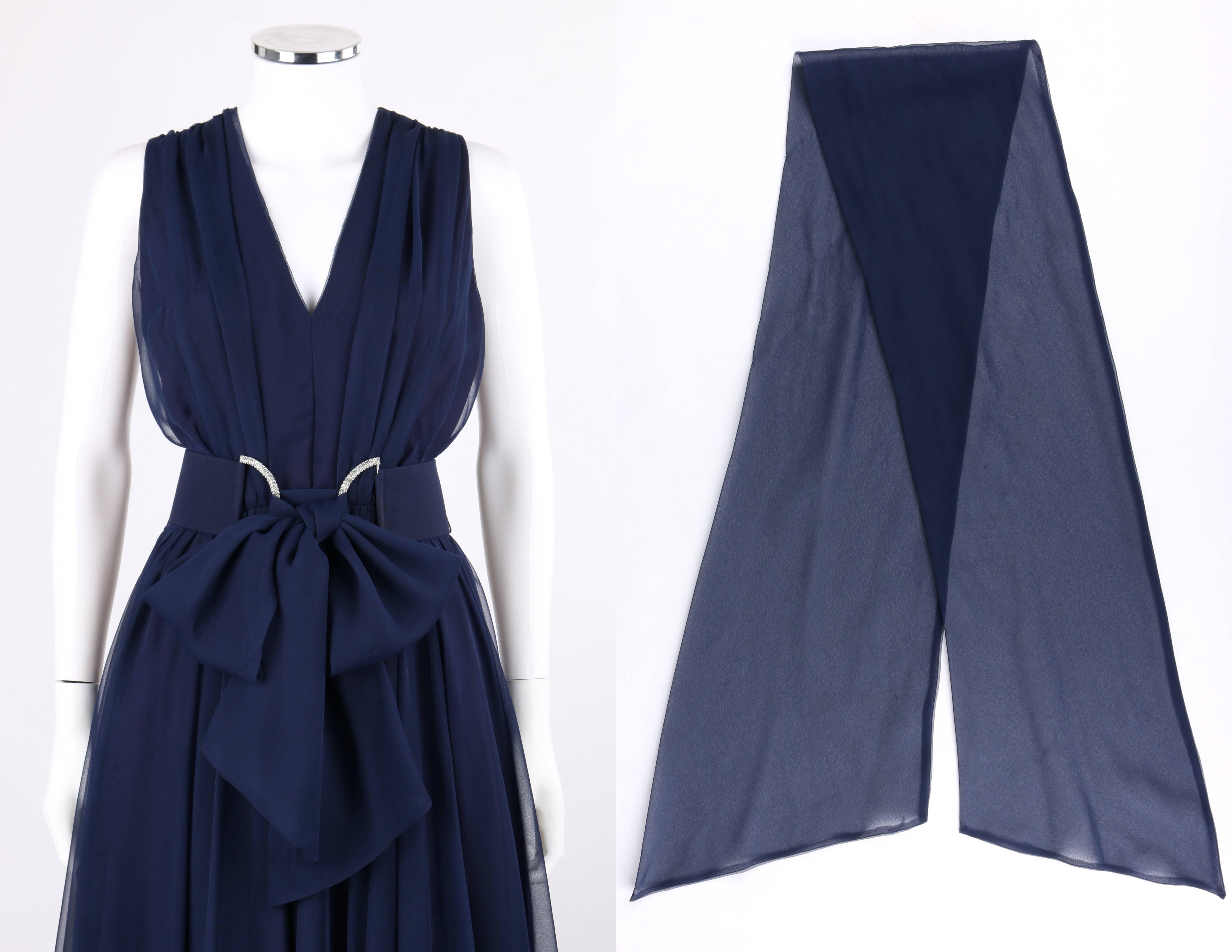 NAT KAPLAN c.1960's Navy Blue Chiffon Sleeveless Belted Evening Gown In Good Condition In Thiensville, WI