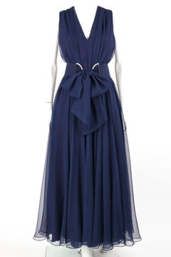 NAT KAPLAN c.1960's Navy Blue Chiffon Sleeveless Belted Evening Gown