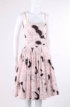 PRADA Sport Light Pink Ink Sketch Face Print Spaghetti Strap Pleated Sundress