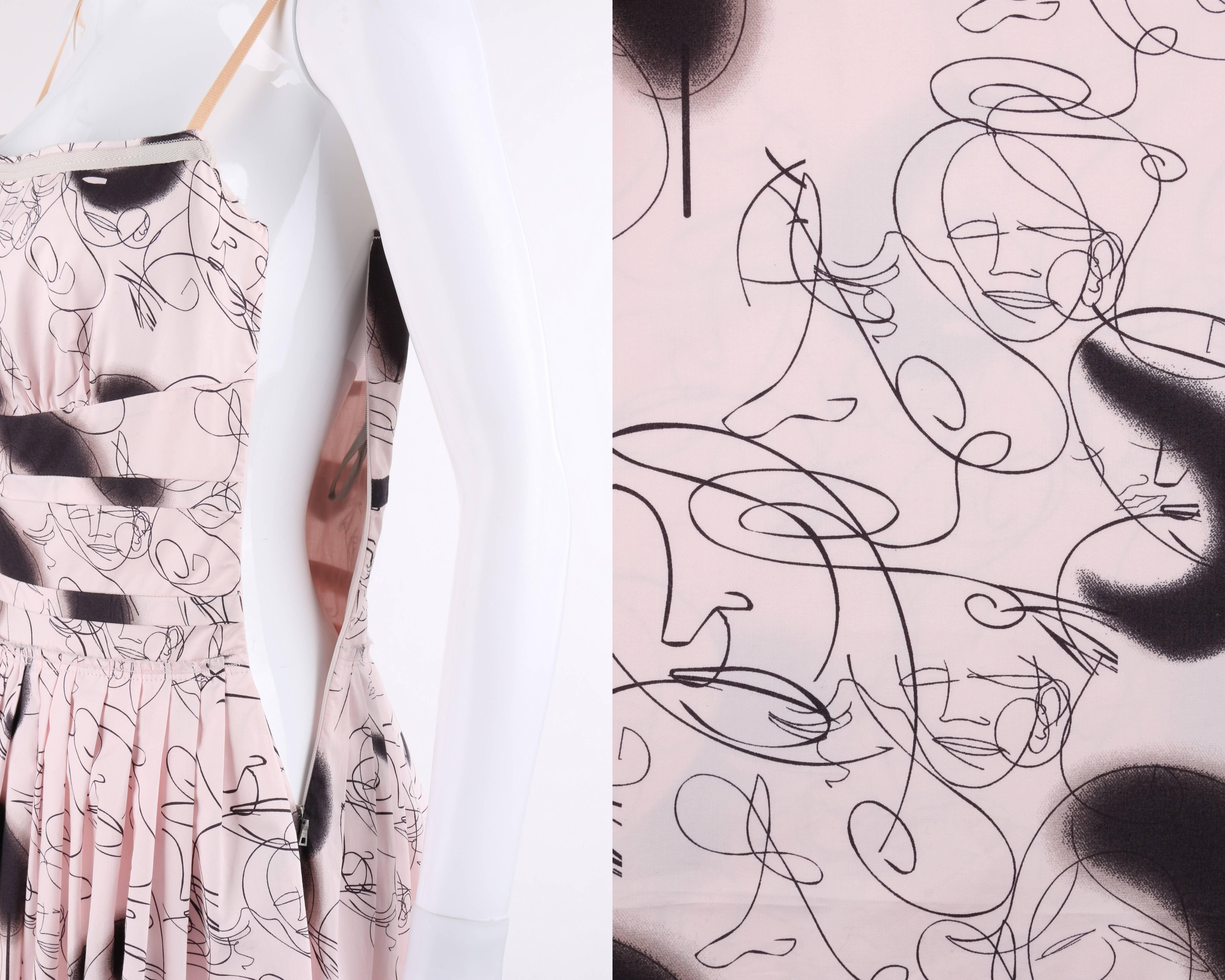 PRADA Sport Light Pink Ink Sketch Face Print Spaghetti Strap Pleated Sundress In New Condition In Thiensville, WI