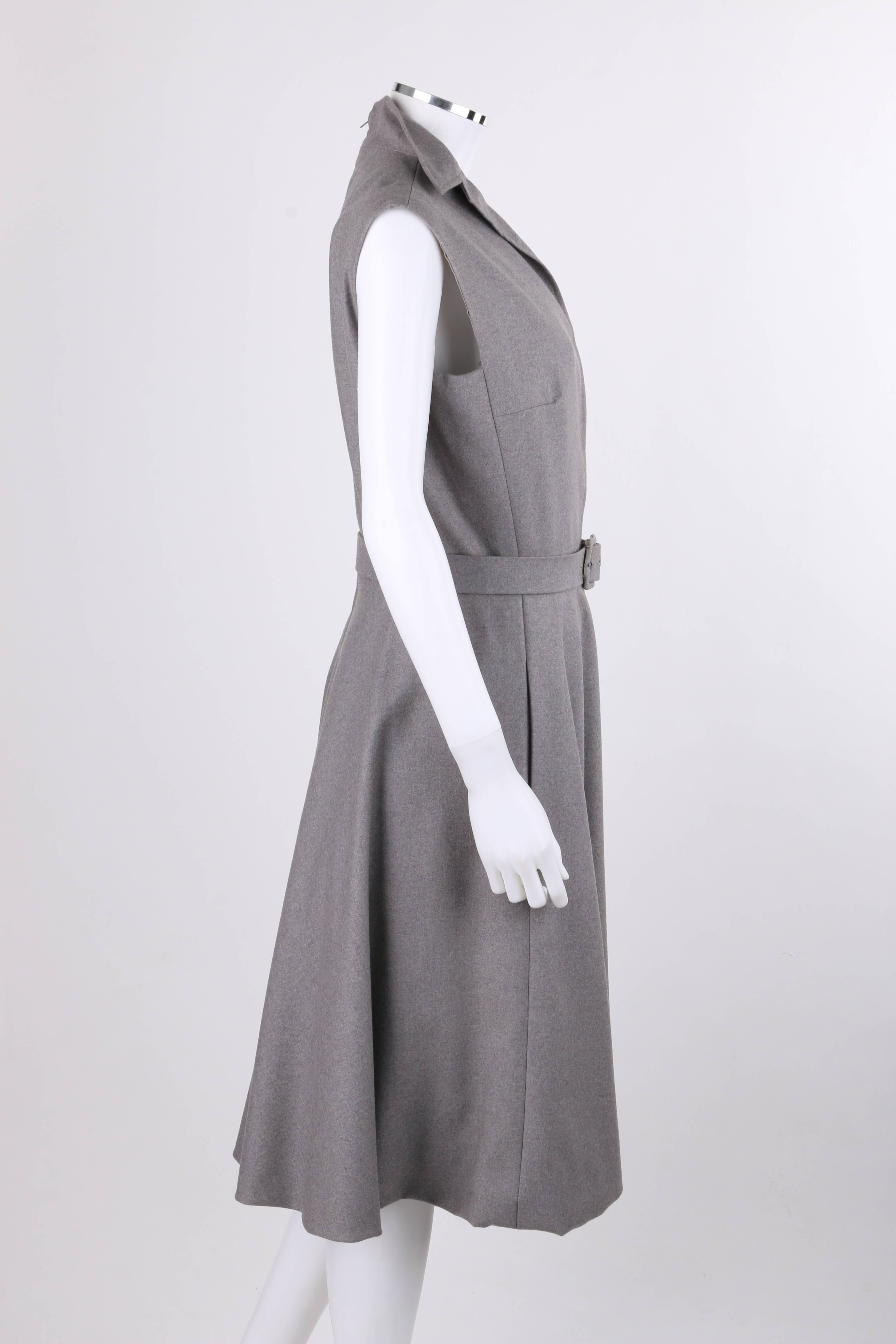 PAULINE TRIGERE c.1980's Gray Wool Extended Shoulder Belted Day Dress In Good Condition In Thiensville, WI