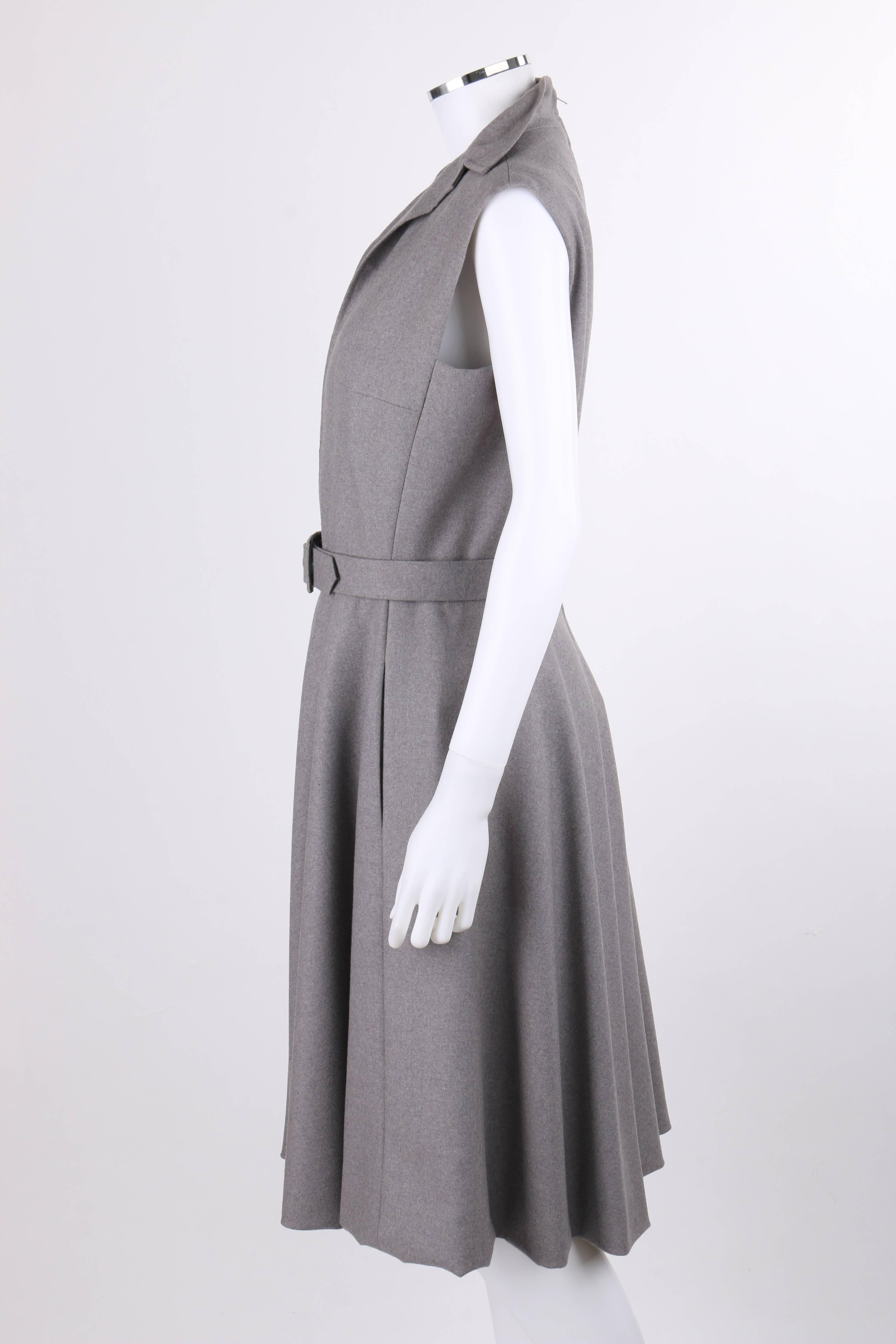 PAULINE TRIGERE c.1980's Gray Wool Extended Shoulder Belted Day Dress 1