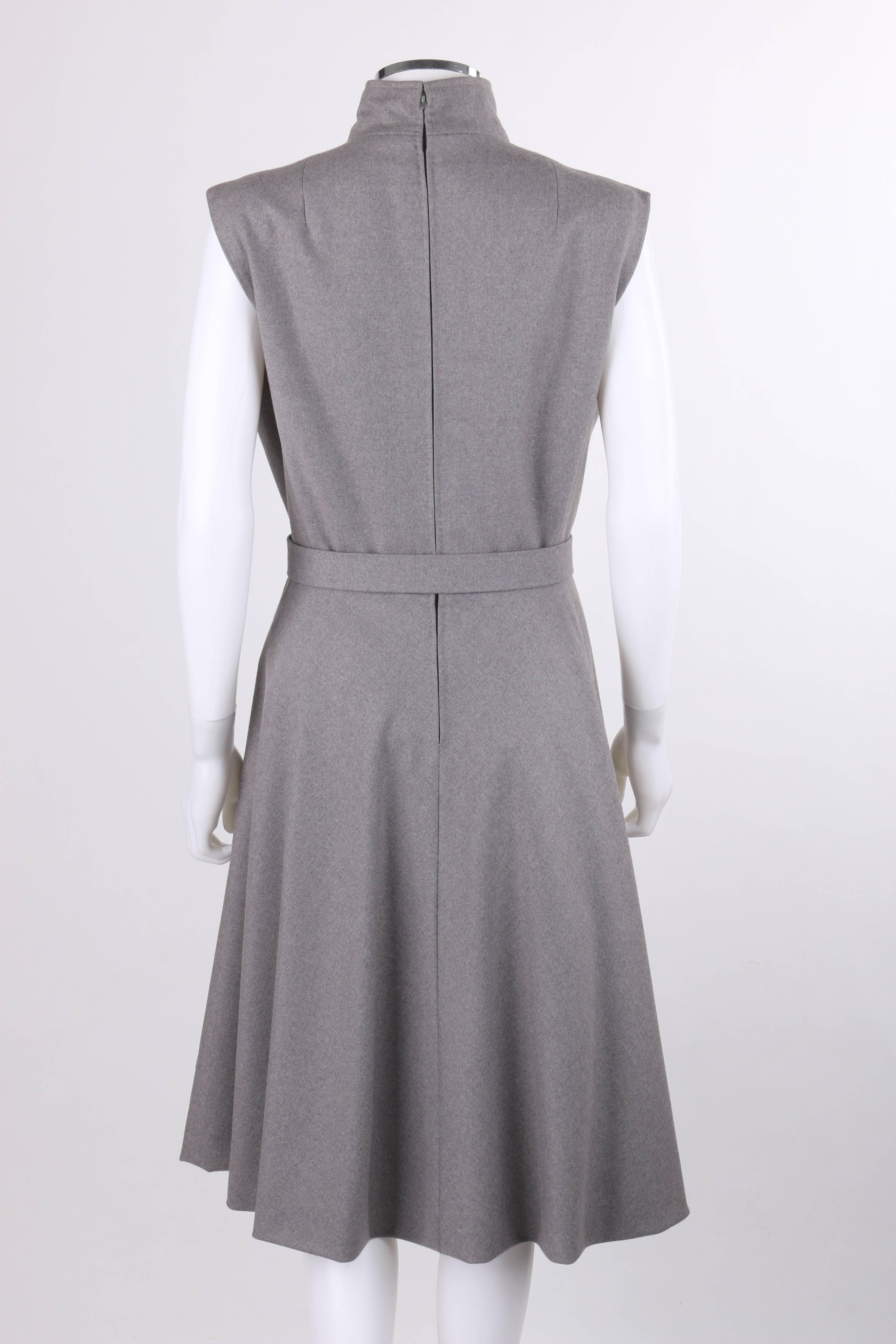 Women's PAULINE TRIGERE c.1980's Gray Wool Extended Shoulder Belted Day Dress