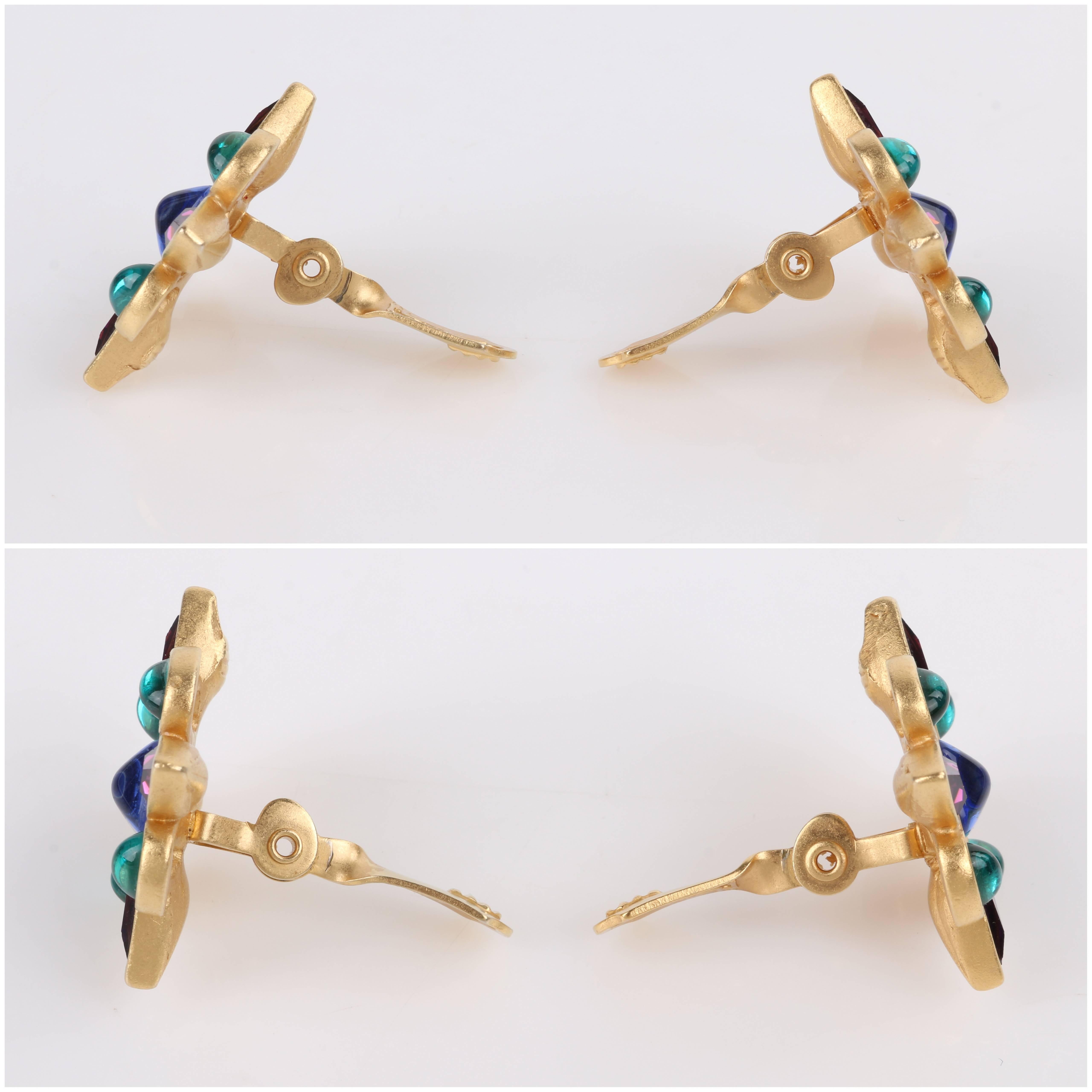 YVES SAINT LAURENT c.1980's YSL Gold Multicolor Gripoix Glass Clip On Earrings 2