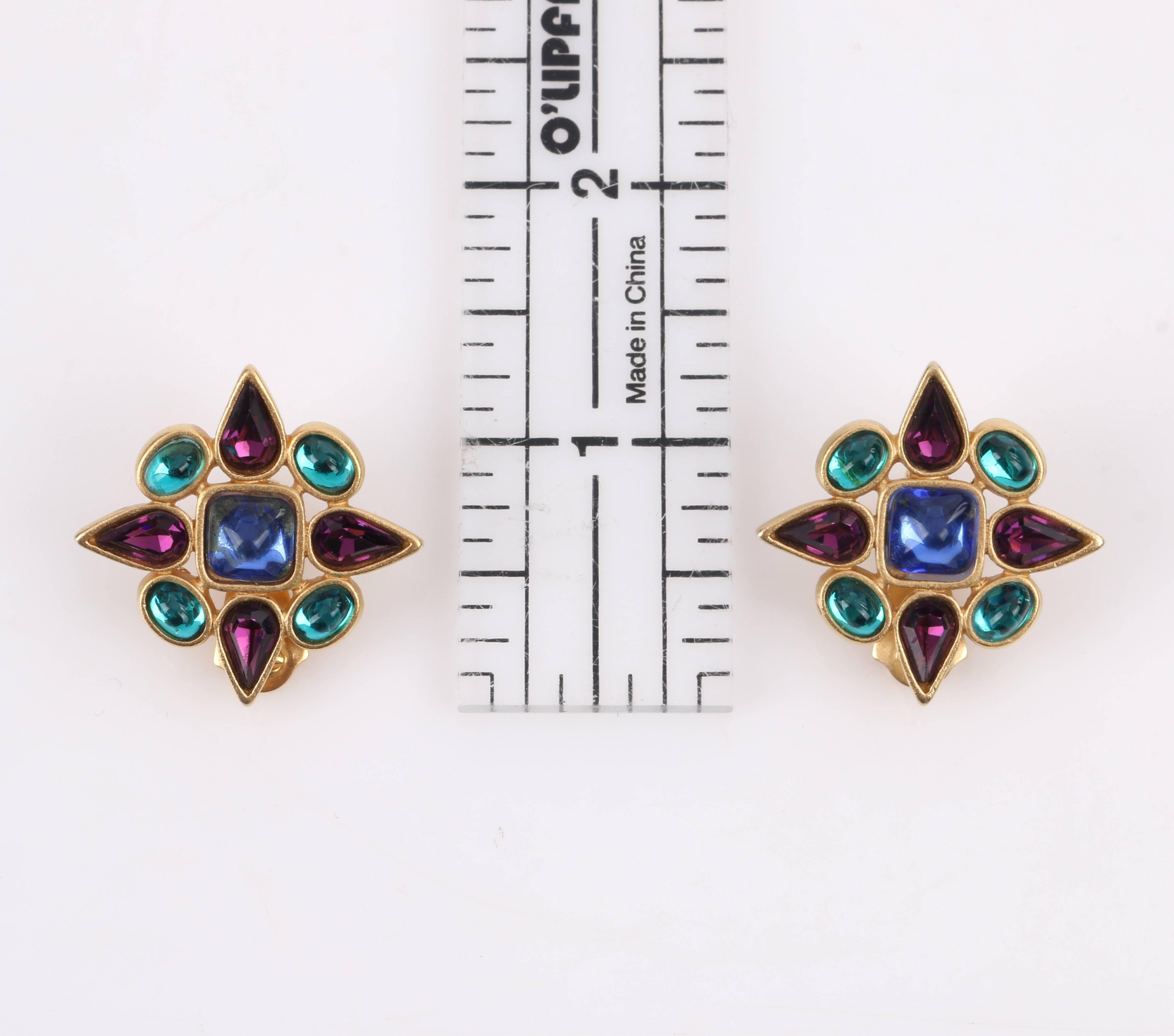 YVES SAINT LAURENT c.1980's YSL Gold Multicolor Gripoix Glass Clip On Earrings 4