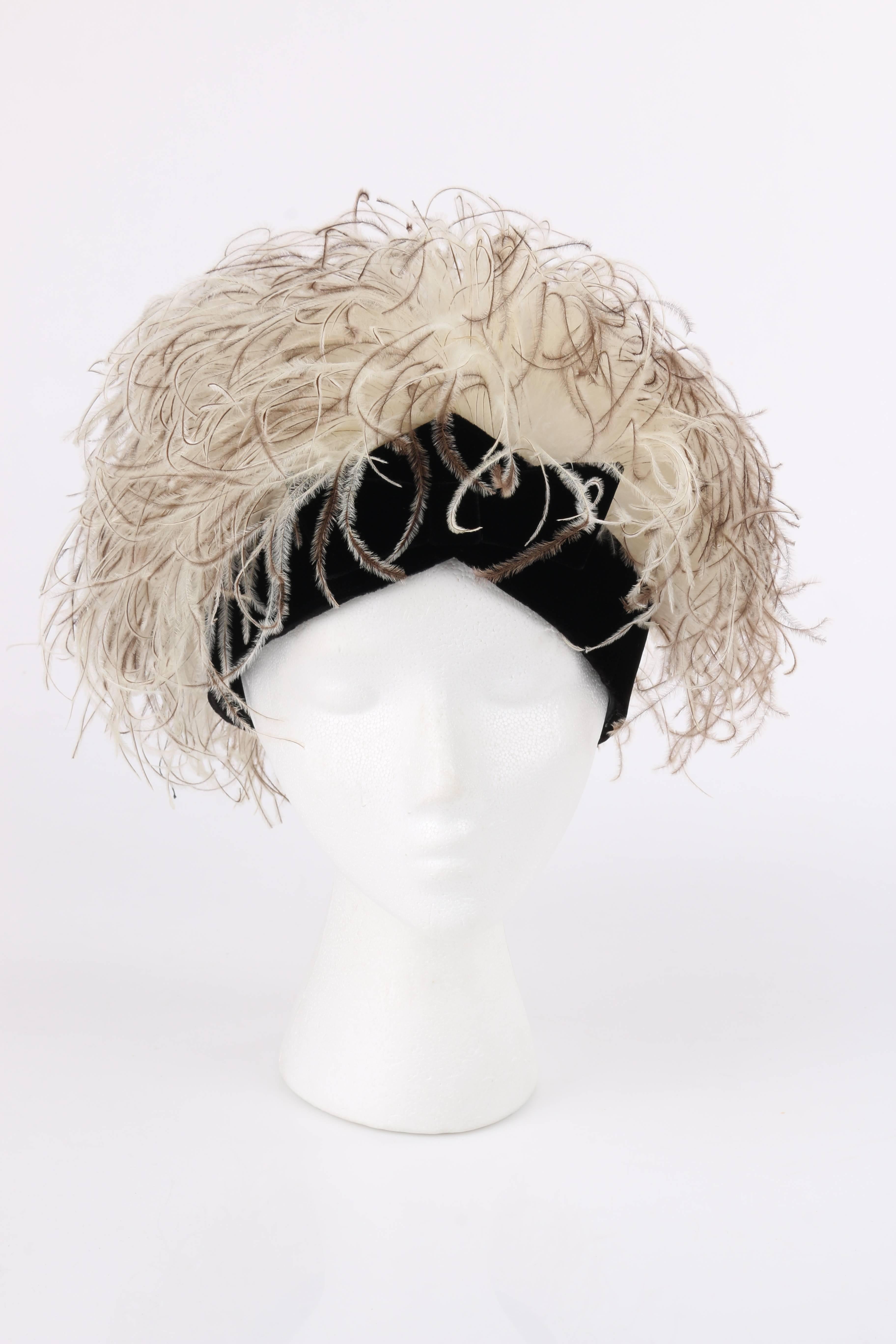 Beige JACQUES HEIM c.1960's Natural Ostrich Feather & Black Silk Velvet Cocktail Hat