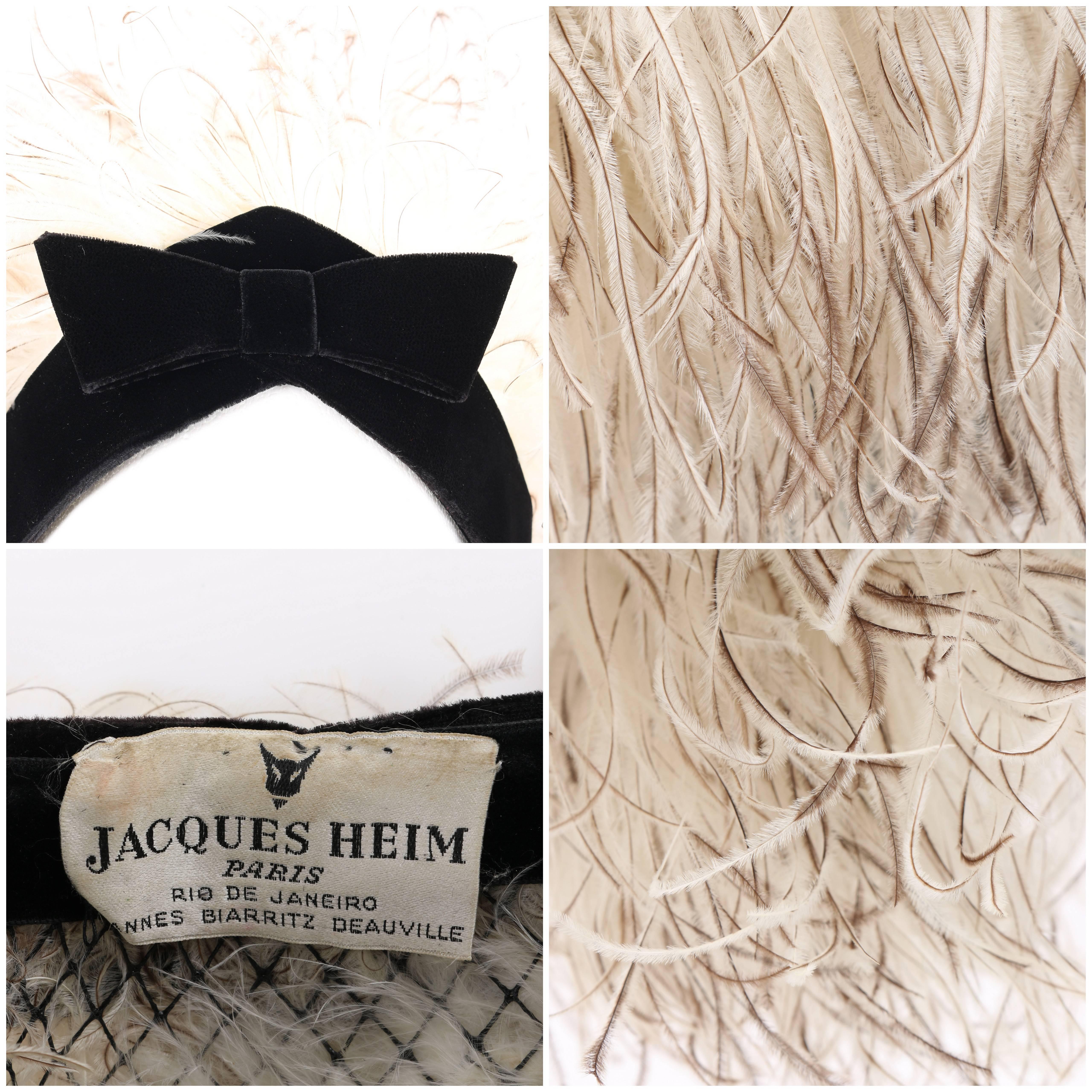JACQUES HEIM c.1960's Natural Ostrich Feather & Black Silk Velvet Cocktail Hat 4