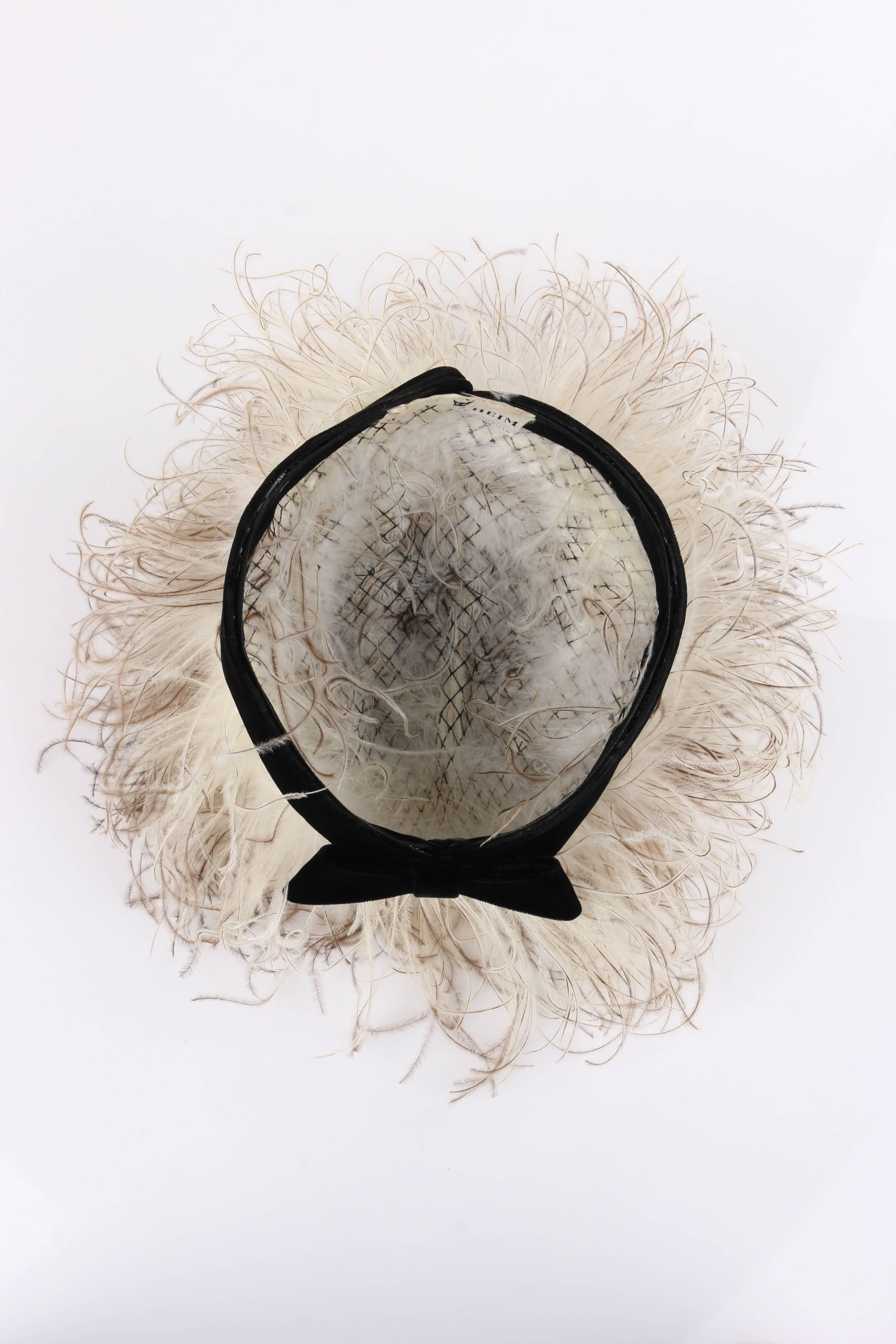 JACQUES HEIM c.1960's Natural Ostrich Feather & Black Silk Velvet Cocktail Hat 2