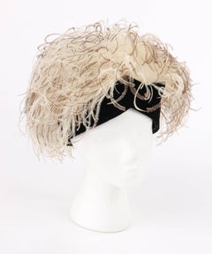 JACQUES HEIM c.1960's Natural Ostrich Feather & Black Silk Velvet Cocktail Hat