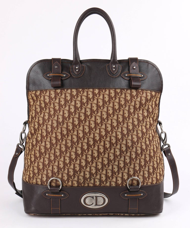 CHRISTIAN DIOR Brown Monogram Canvas and Leather Weekender Travel Bag