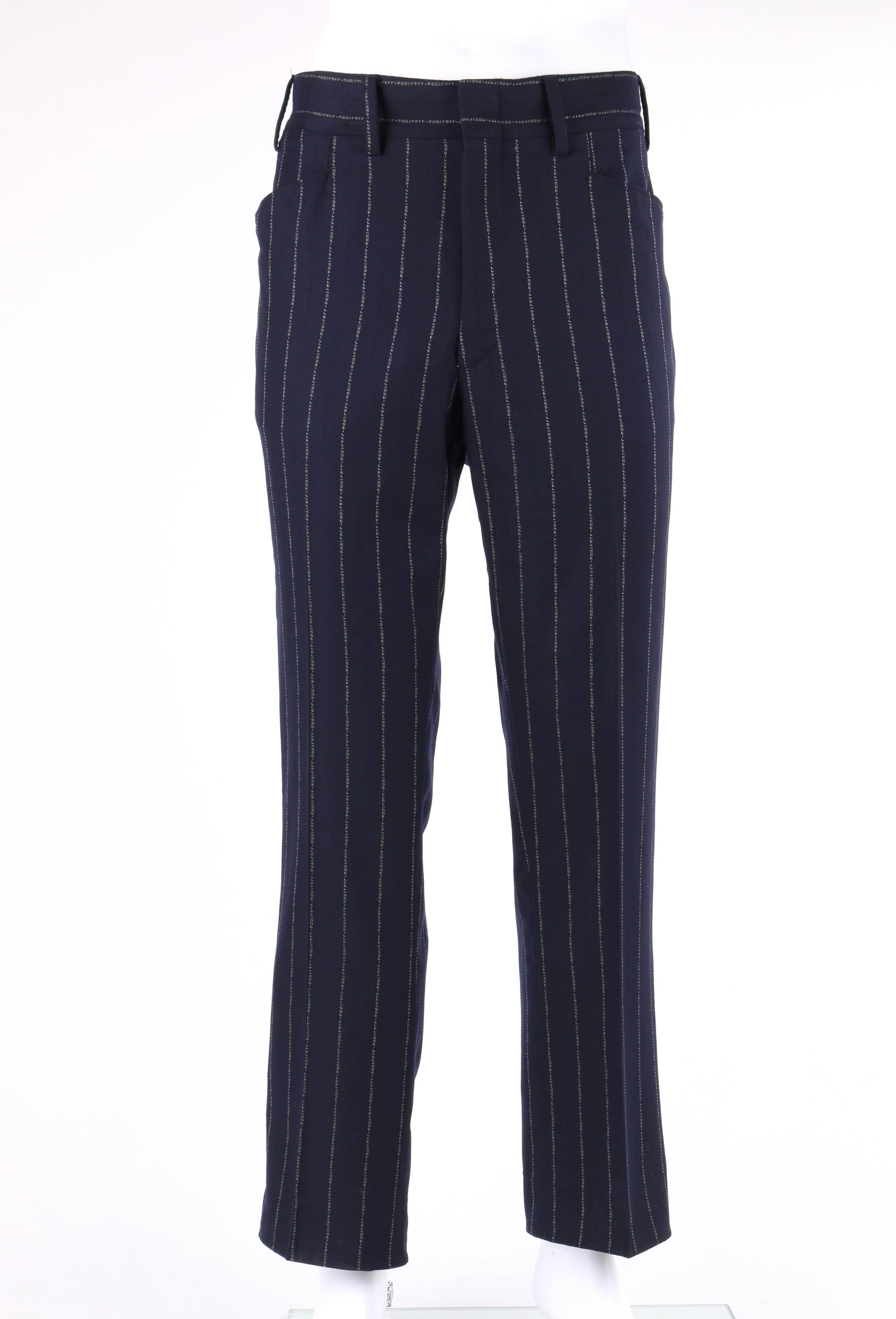 BILL BLASS c.1970's 2 Pc Navy Blue Wool Signature Pinstripe Jacket Pant Suit Set 1