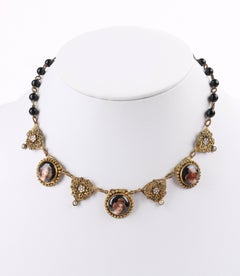 ART NOUVEAU c.1920s Ornamental Brass Hand Painted Czech Portrait Choker Necklace