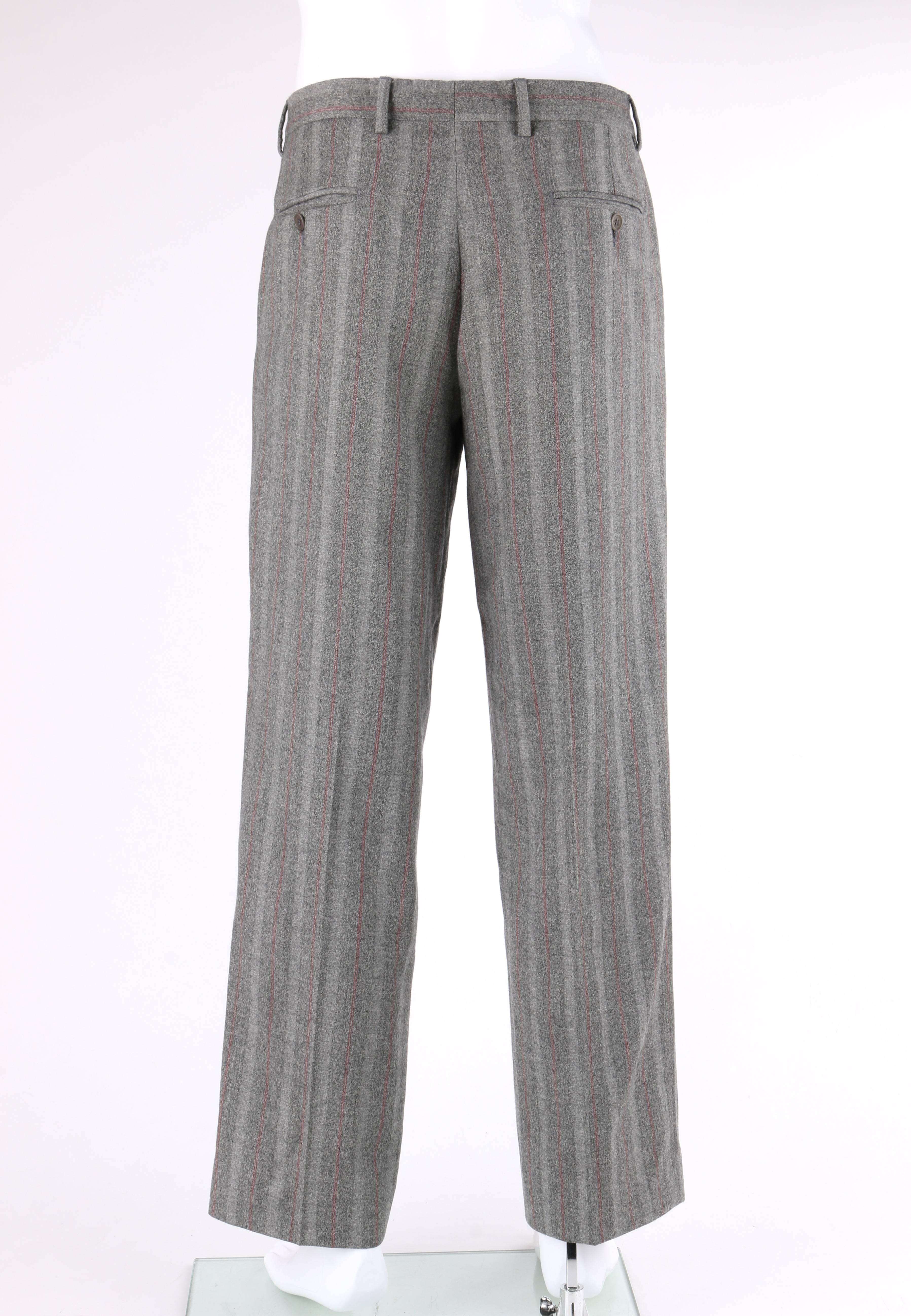 ALEXANDER McQUEEN c.2001 2 Pc Gray & Red Pinstripe Wool Jacket Pant Suit Set 1