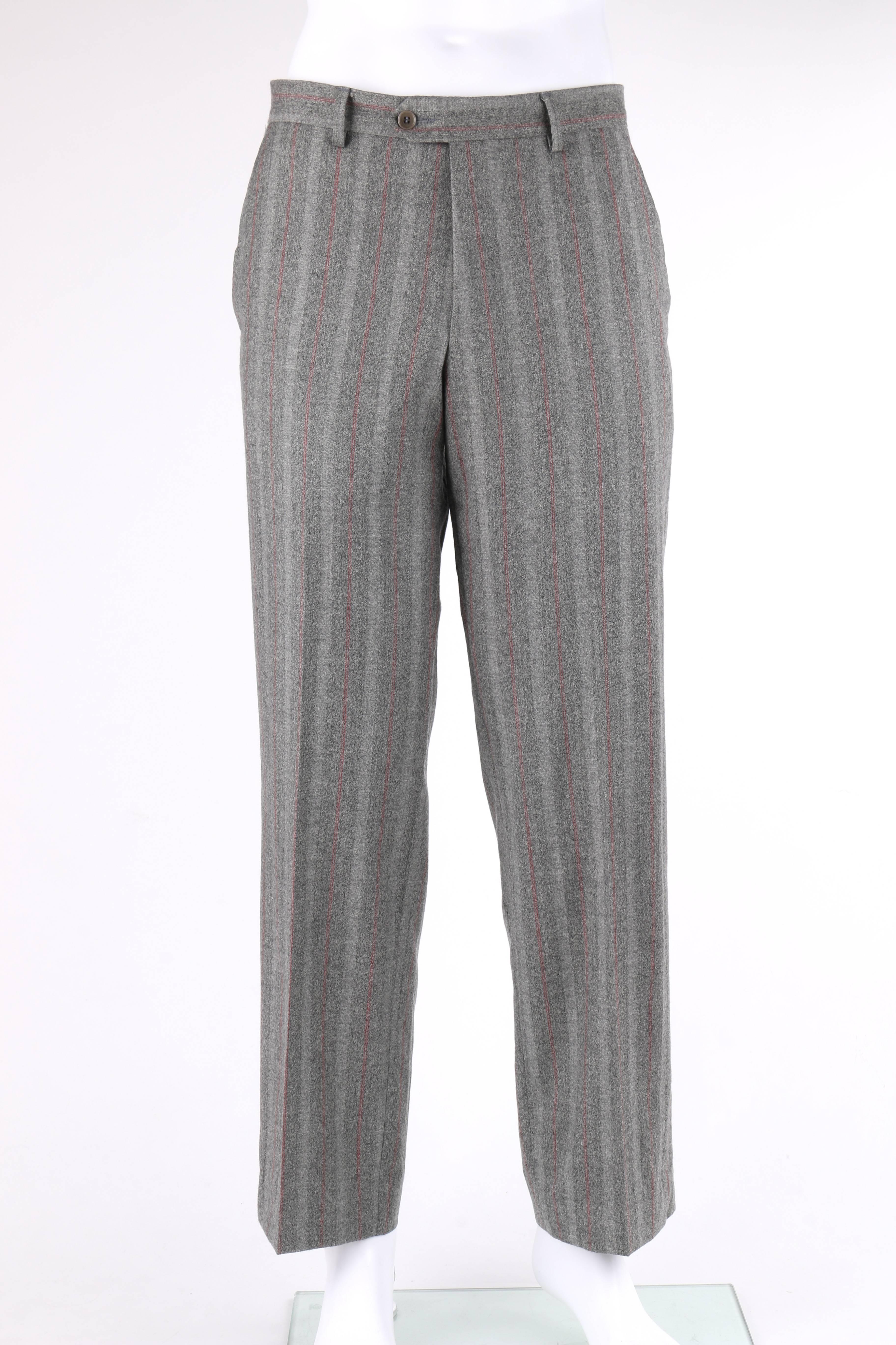ALEXANDER McQUEEN c.2001 2 Pc Gray & Red Pinstripe Wool Jacket Pant Suit Set In Good Condition In Thiensville, WI