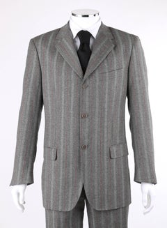 ALEXANDER McQUEEN c.2001 2 Pc Gray & Red Pinstripe Wool Jacket Pant Suit Set