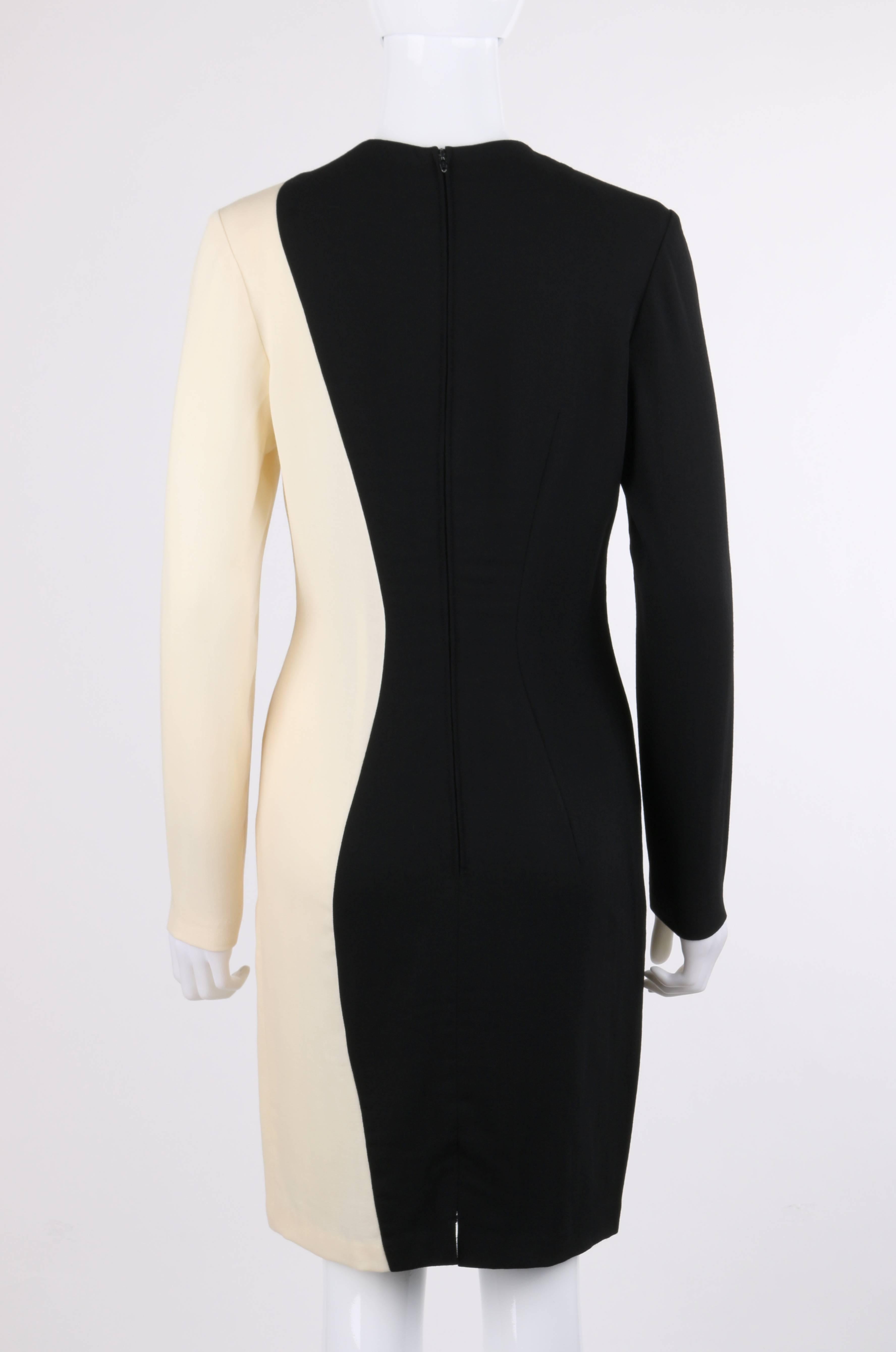 PIERRE CARDIN c.1980's Black & Ivory Color-Block Wool Long Sleeve Shift Dress In Good Condition For Sale In Thiensville, WI