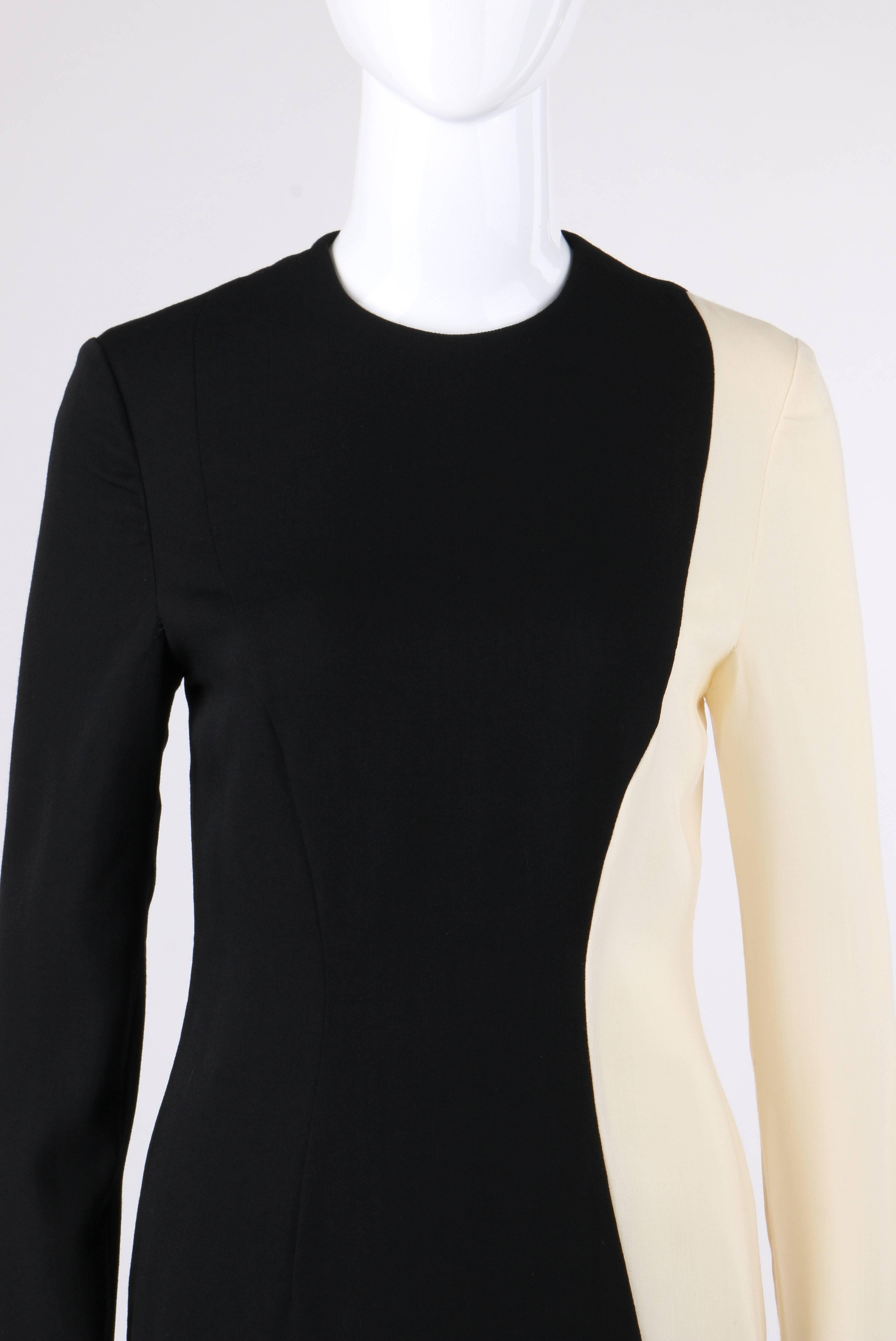 PIERRE CARDIN c.1980's Black & Ivory Color-Block Wool Long Sleeve Shift Dress For Sale 1