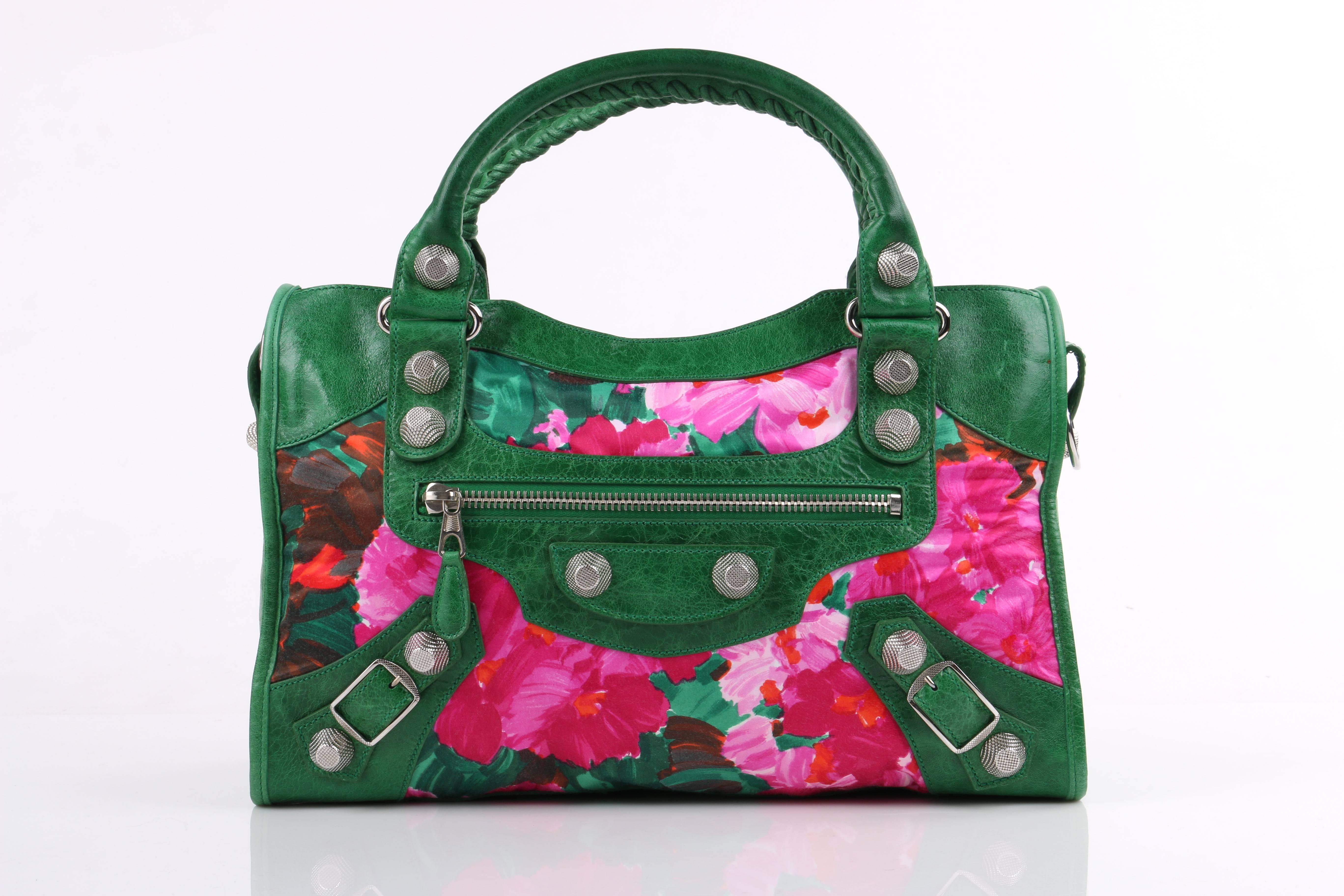 Balenciaga Spring/Summer 2008 "Giant Floral City" green lambskin leather and floral satin print satchel. Floral painterly satin print body in shades of fuchsia, pink, red, and green with green lambskin leather accents. Two rolled leather