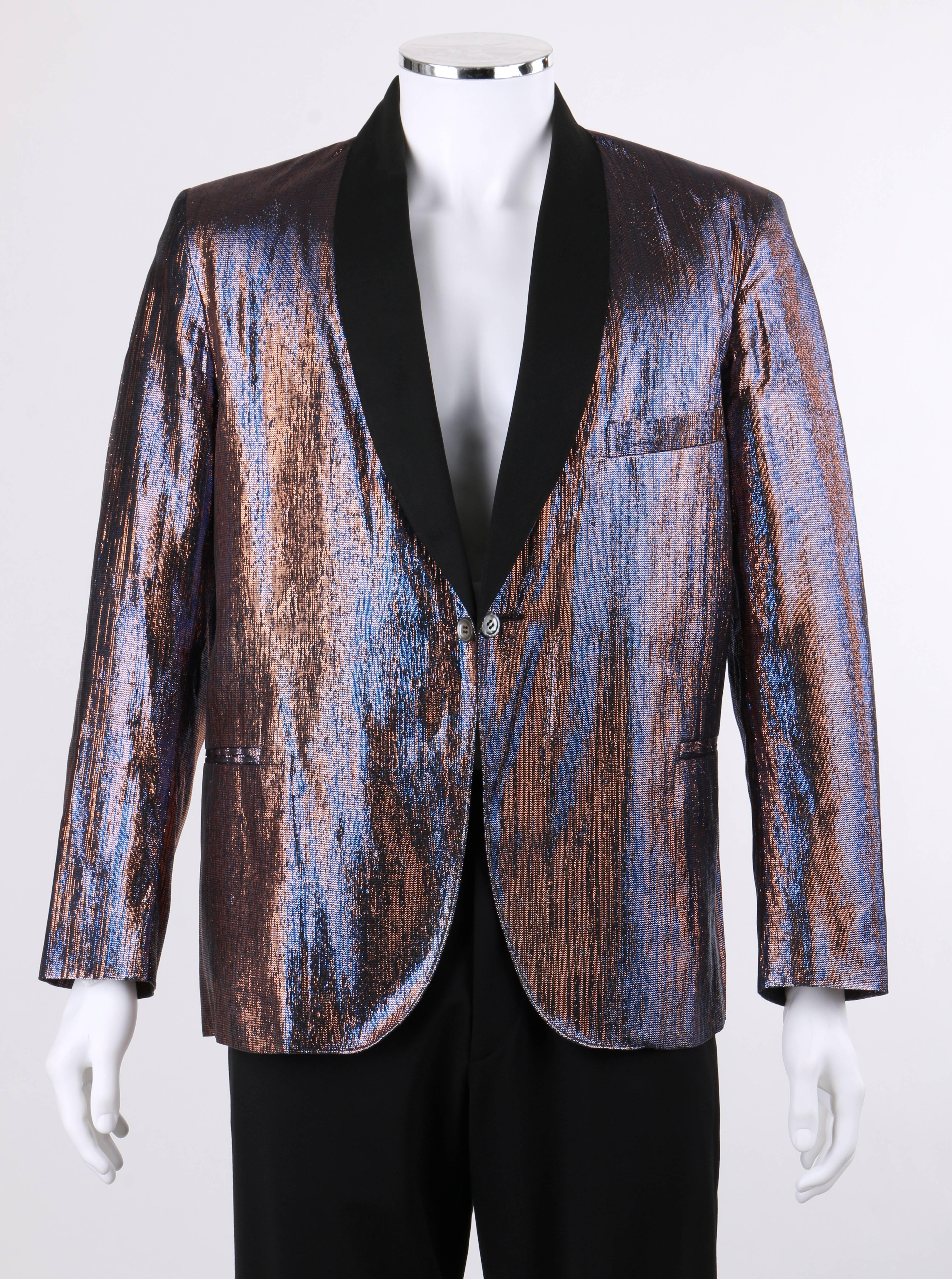 Vintage Towncraft Clothes c.1960's blue and gold iridescent metallic lame tuxedo jacket. Long sleeves with two button detail at cuffs. Black wool gabardine shawl collar. Single center front button cuff-link closure. Two double welt hip pockets.