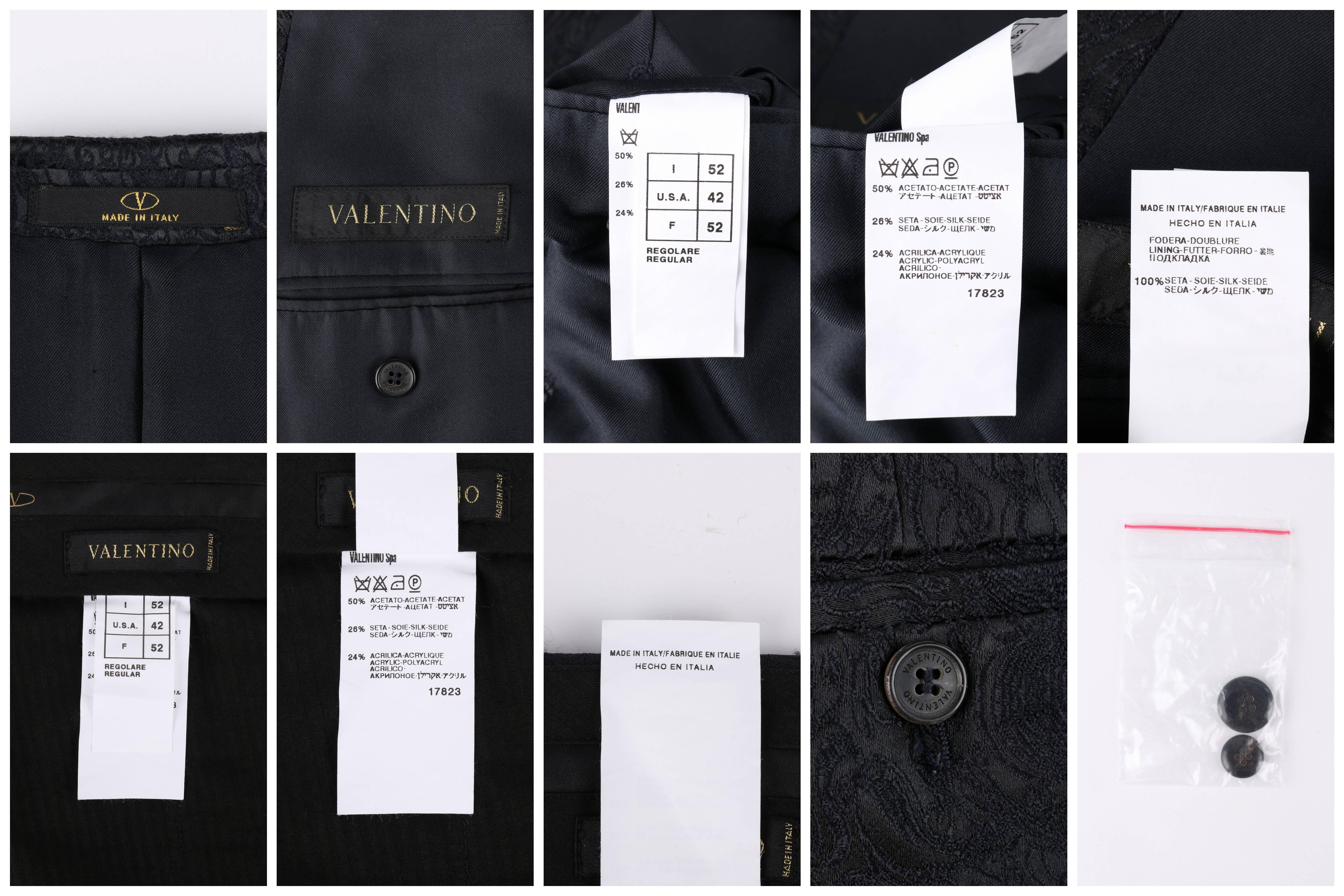 VALENTINO A/W 2005 2 Pc Black & Navy Blue Jacquard Silk Jacket Pant Suit Set 3
