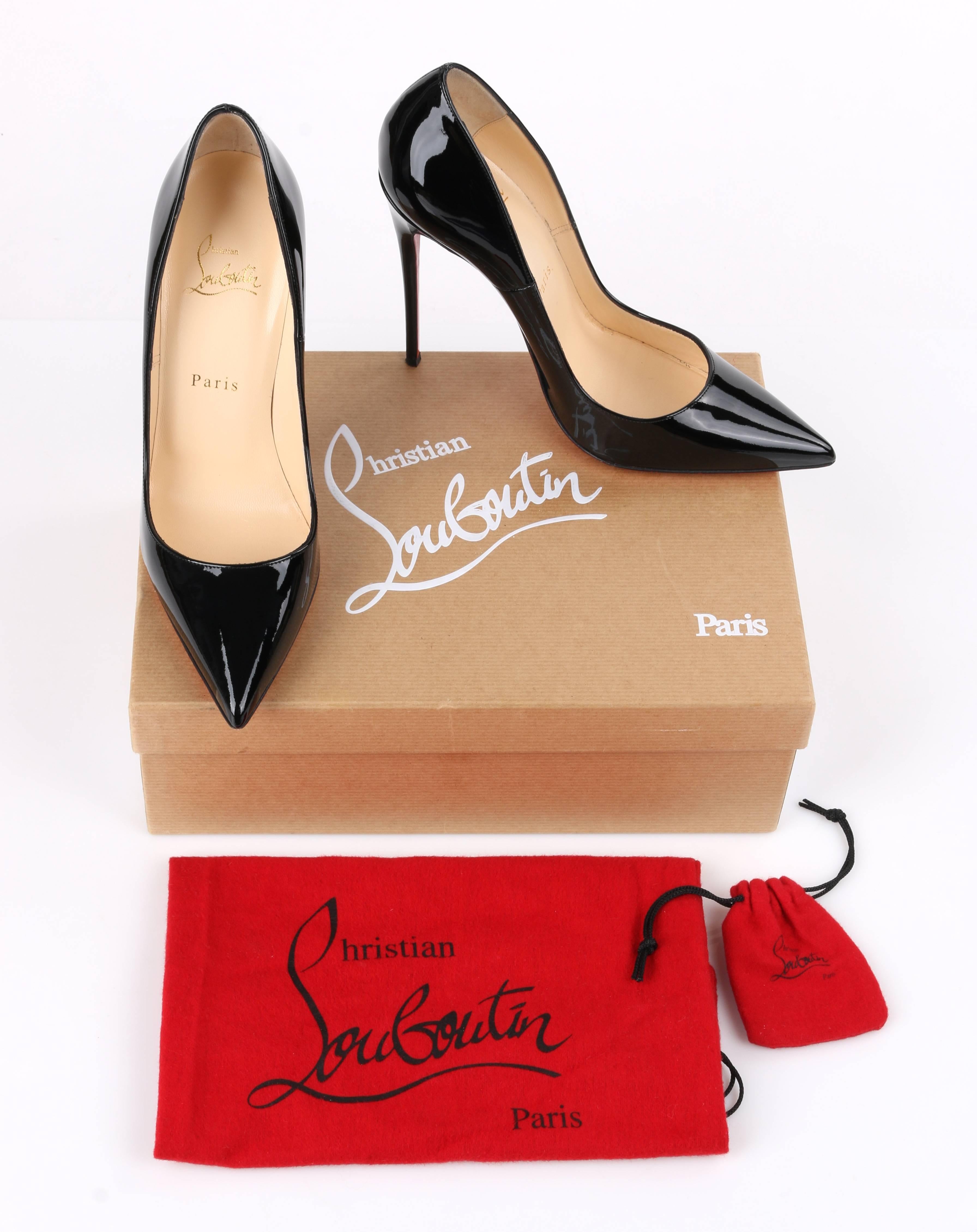 Christian Louboutin "So Kate" 120 mm black patent leather pointed toe pumps. Black patent leather upper. 120 mm patent leather covered stiletto heel. Pointed toe. Leather lining. Signature red leather sole. MSRP $675. Original box, dust
