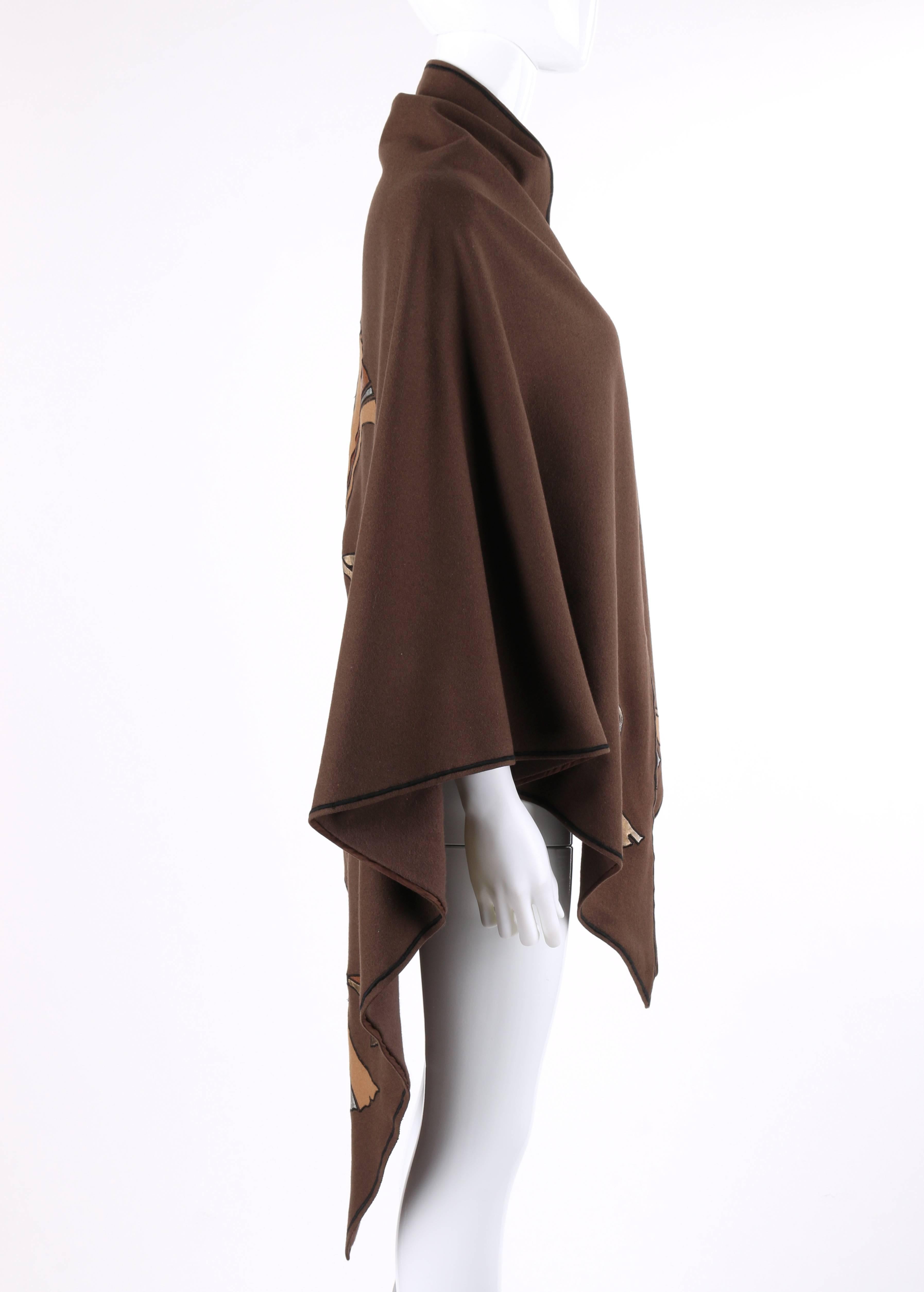 CHRISTIAN DIOR c.1970's Brown Wool & Leather Fan Applique Shawl Cape RARE In Good Condition In Thiensville, WI