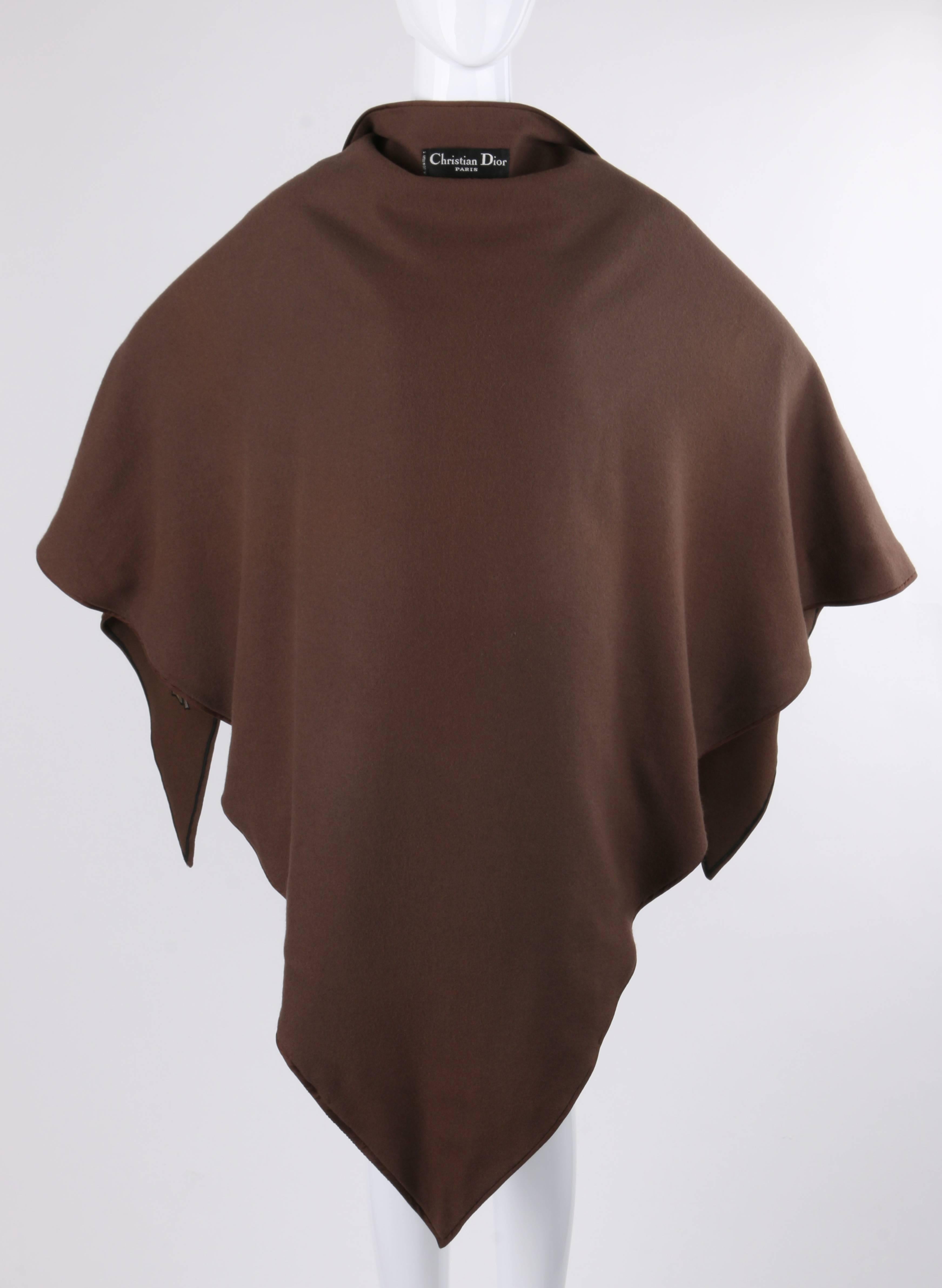 CHRISTIAN DIOR c.1970's Brown Wool & Leather Fan Applique Shawl Cape RARE 1