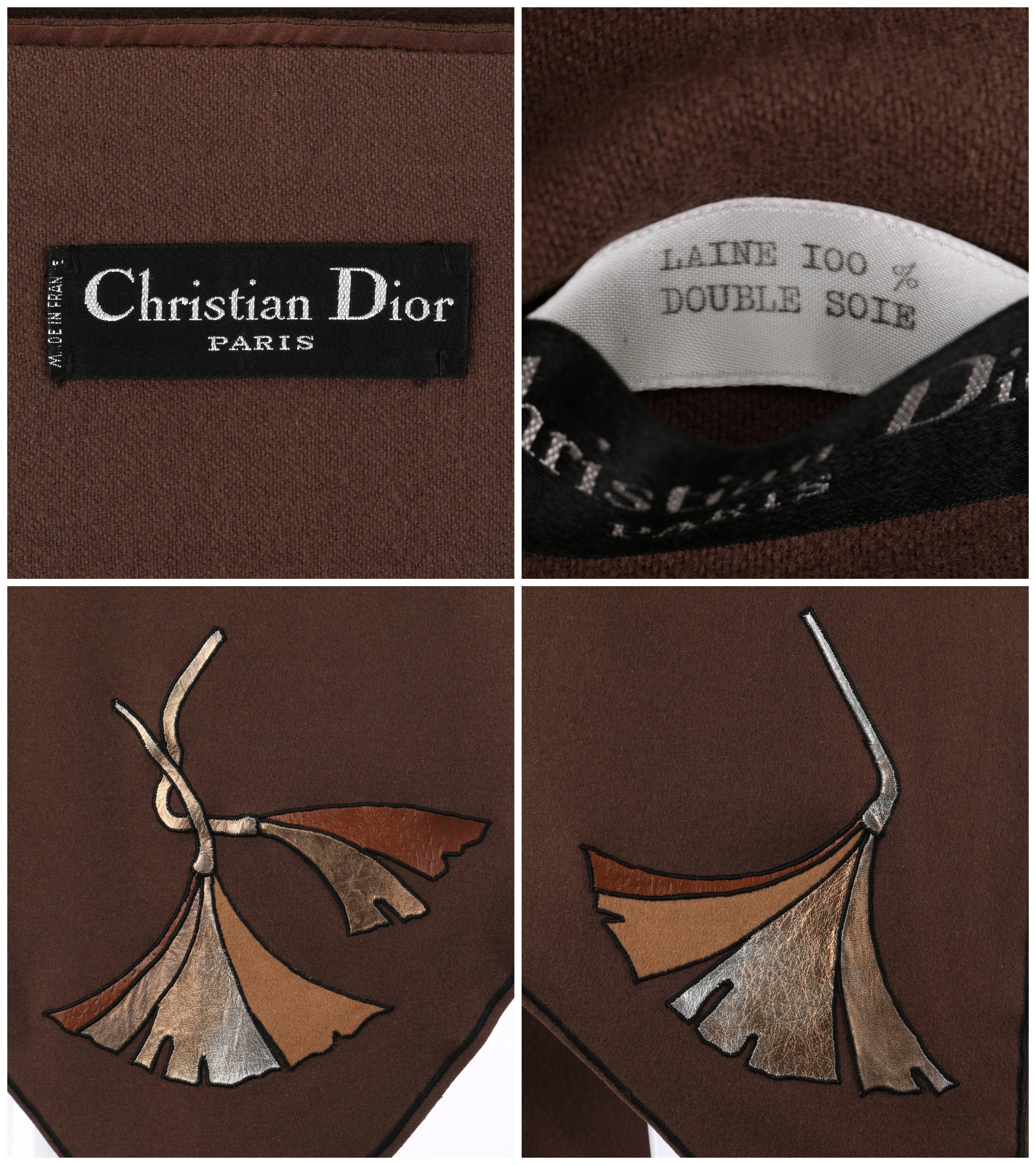 CHRISTIAN DIOR c.1970's Brown Wool & Leather Fan Applique Shawl Cape RARE 3