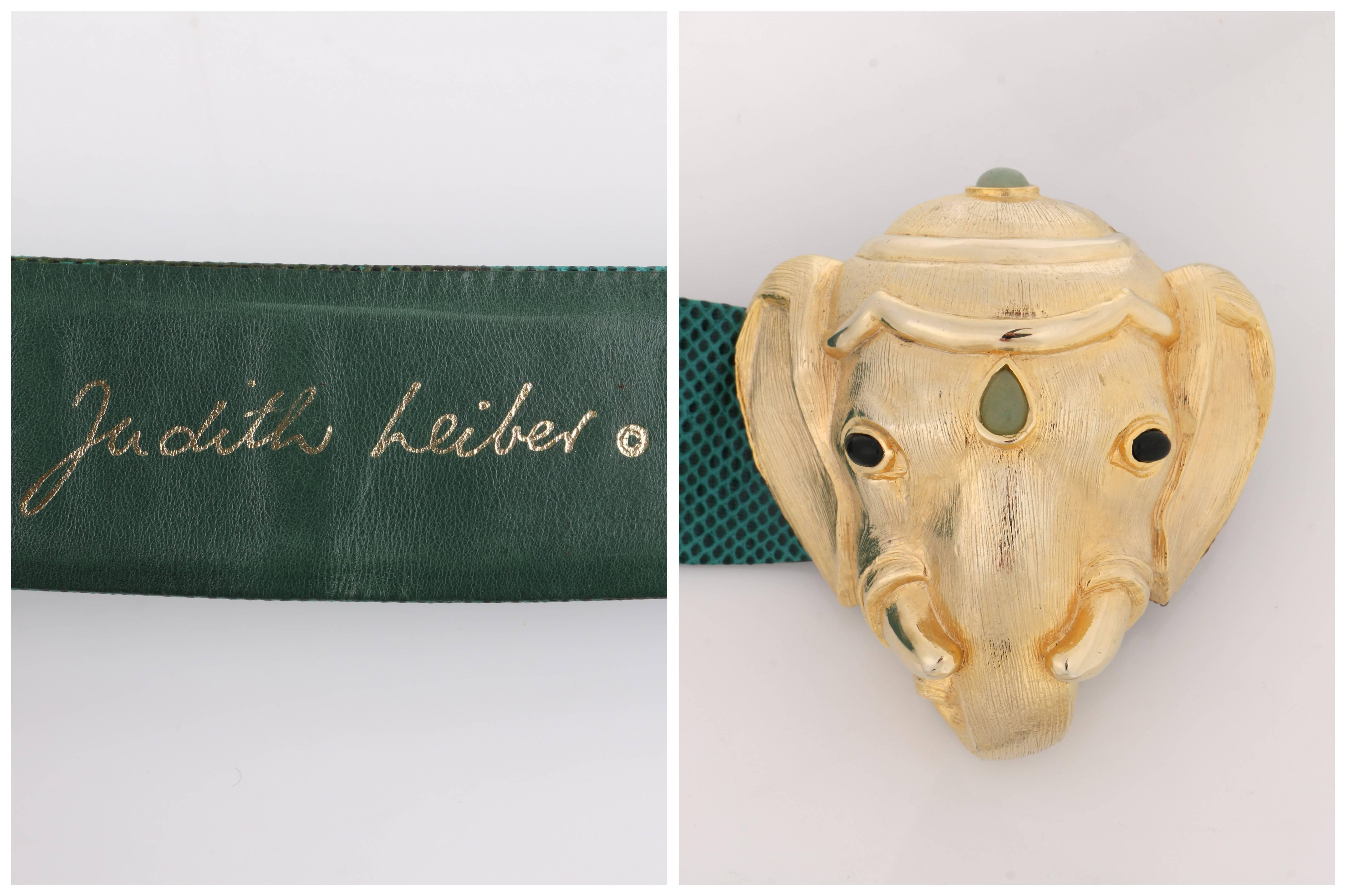 Blue JUDITH LEIBER c.1980's Emerald Green Lizard Leather Gold Ganesh Elephant Belt