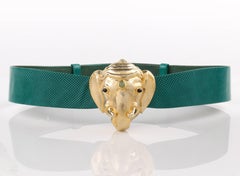 JUDITH LEIBER c.1980's Emerald Green Lizard Leather Gold Ganesh Elephant Belt