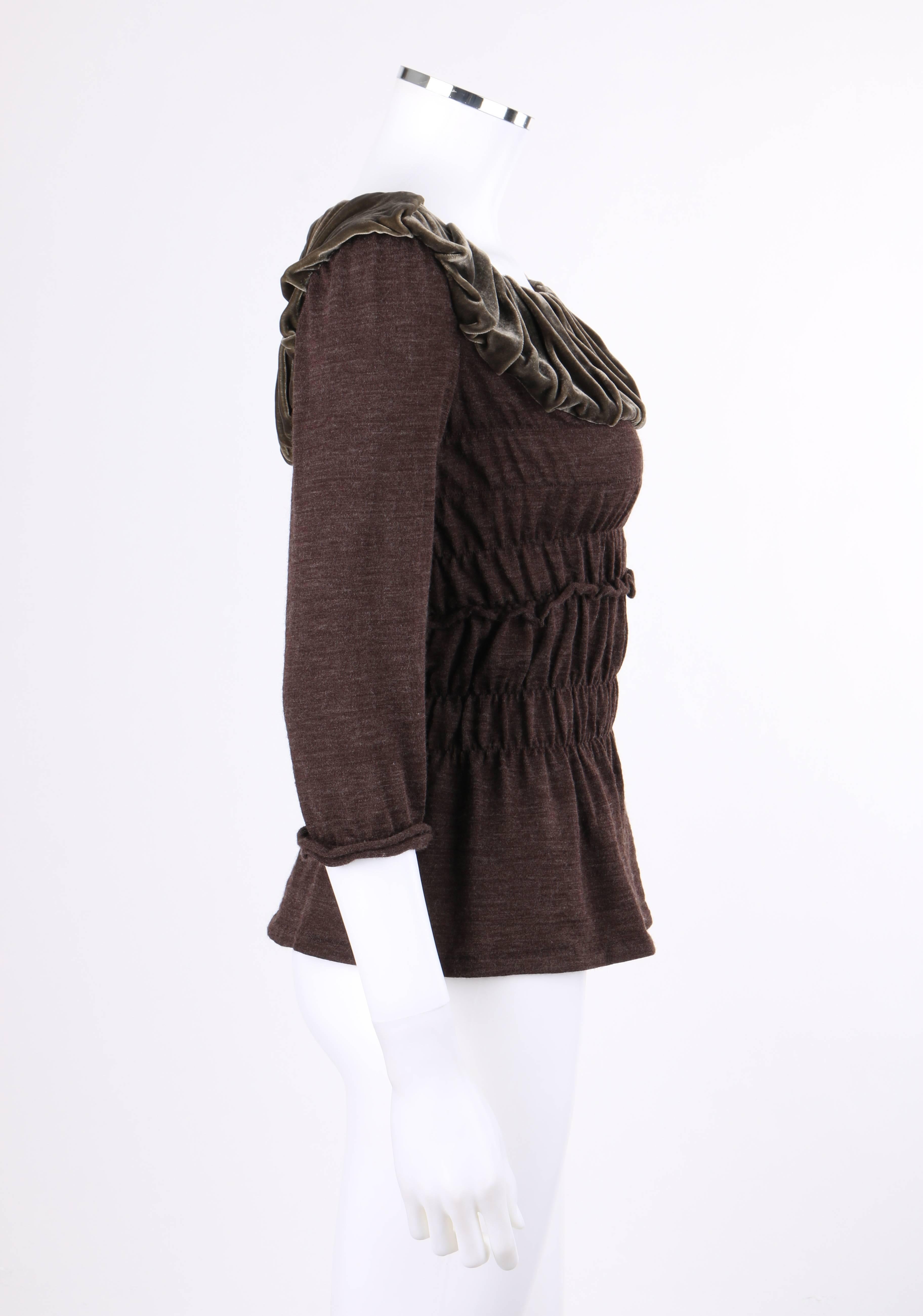 Black LOUIS VUITTON A/W 2006 Heathered Brown Wool Knit Velvet Detail Ruched Blouse Top