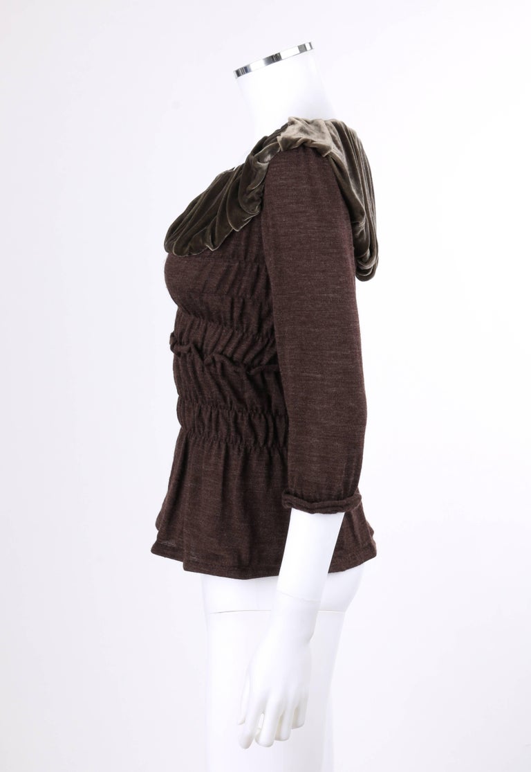 LOUIS VUITTON A/W 2006 Heathered Brown Wool Knit Velvet Detail Ruched Blouse Top at 1stdibs