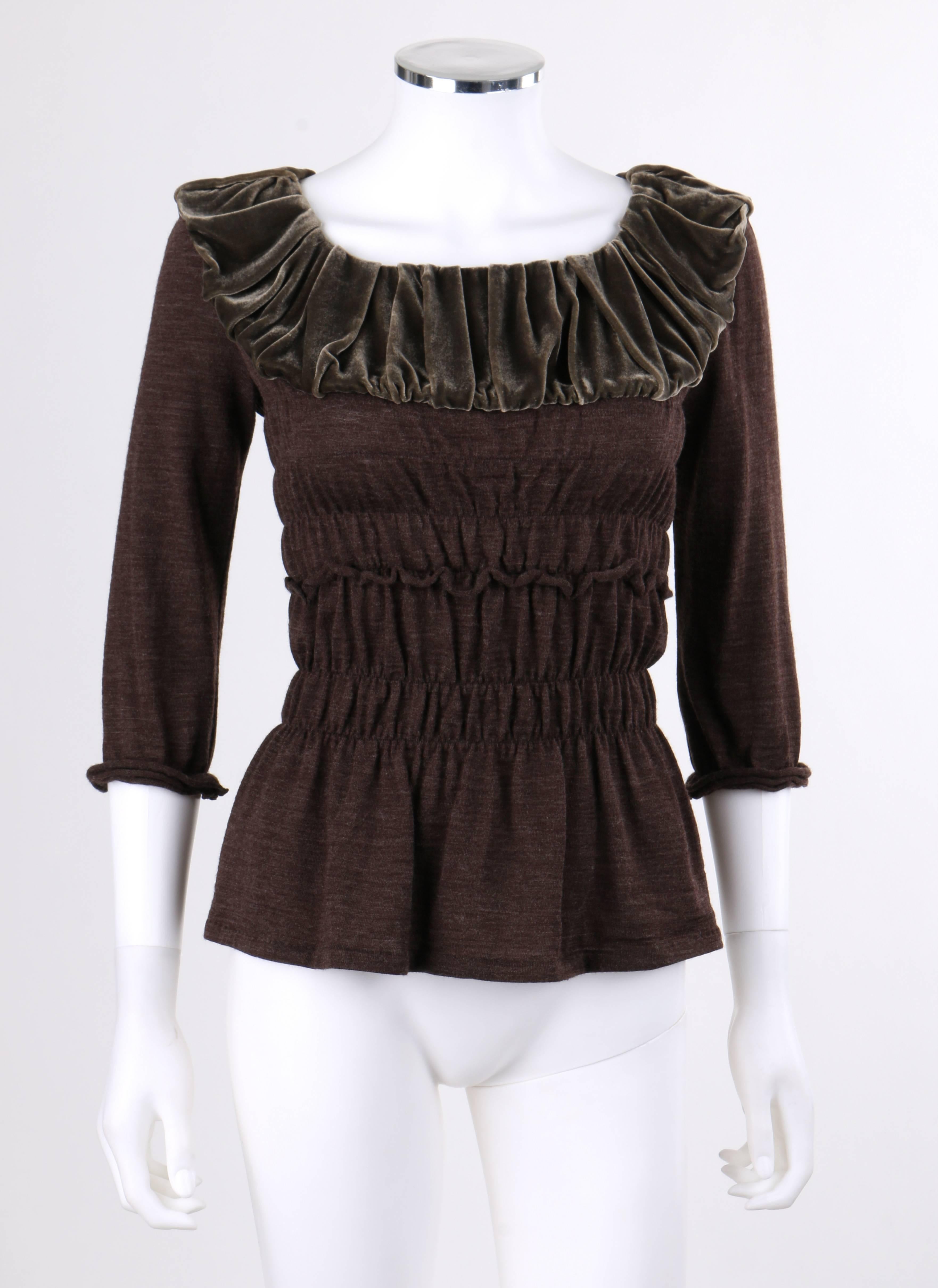 Louis Vuitton Autumn/Winter 2006 heathered brown wool knit ruched blouse. Designed by Marc Jacobs. 3/4 sleeves with short gathered layered cuffs. Bateau neckline. Moss green box pleated velvet faux bertha inset collar. Ruched mid-section from under