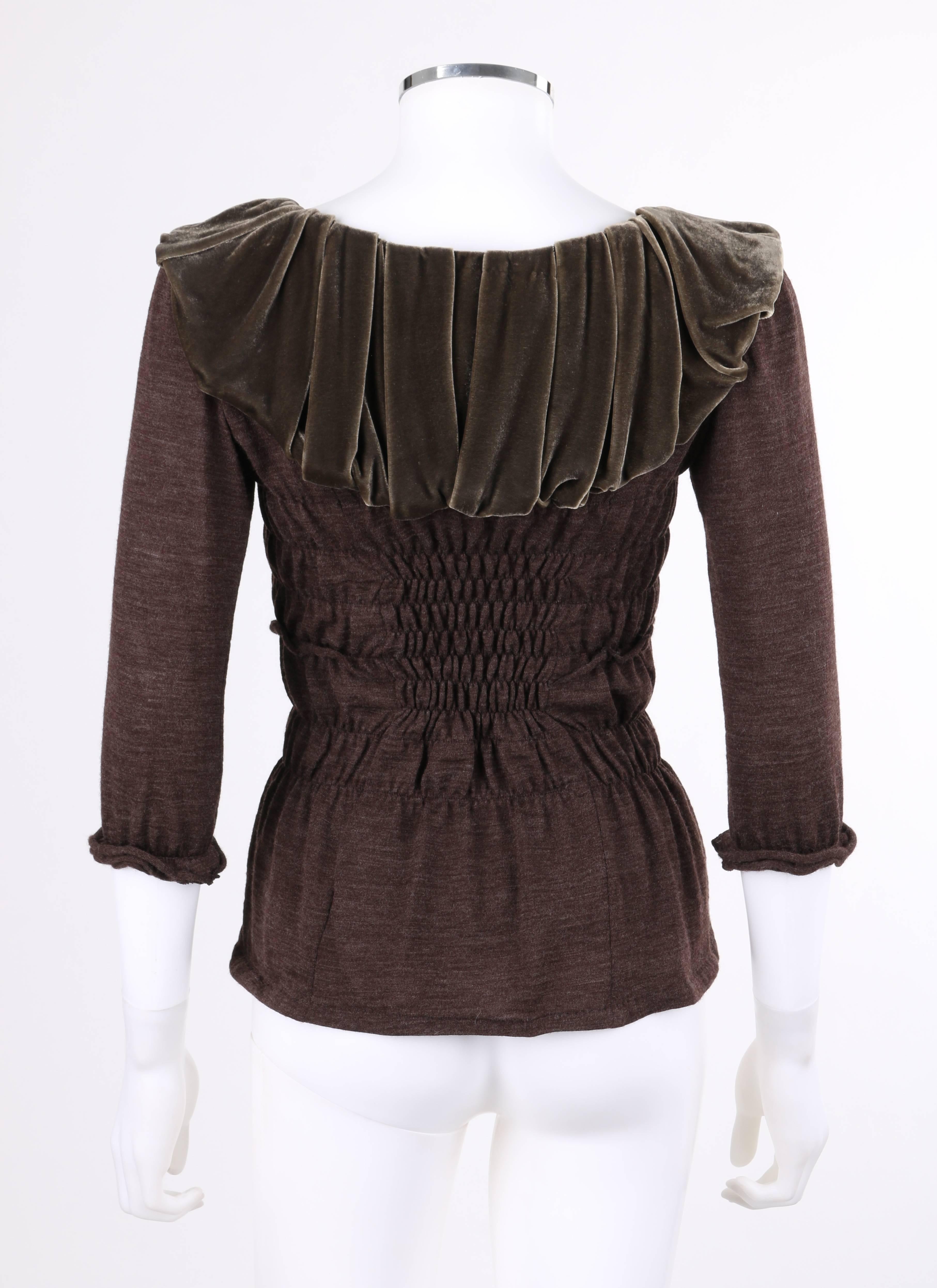 LOUIS VUITTON A/W 2006 Heathered Brown Wool Knit Velvet Detail Ruched Blouse Top In New Condition In Thiensville, WI