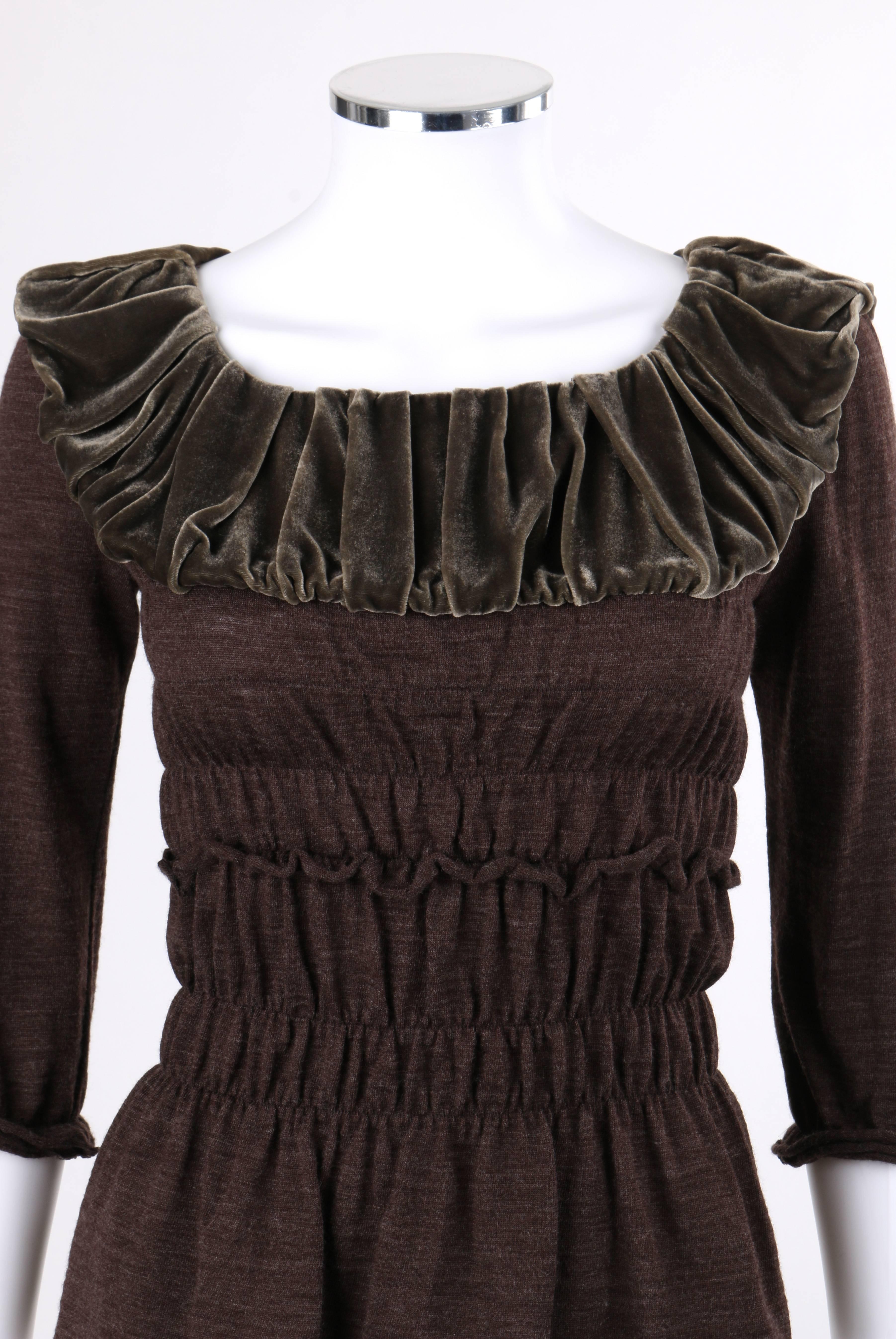 LOUIS VUITTON A/W 2006 Heathered Brown Wool Knit Velvet Detail Ruched Blouse Top 1
