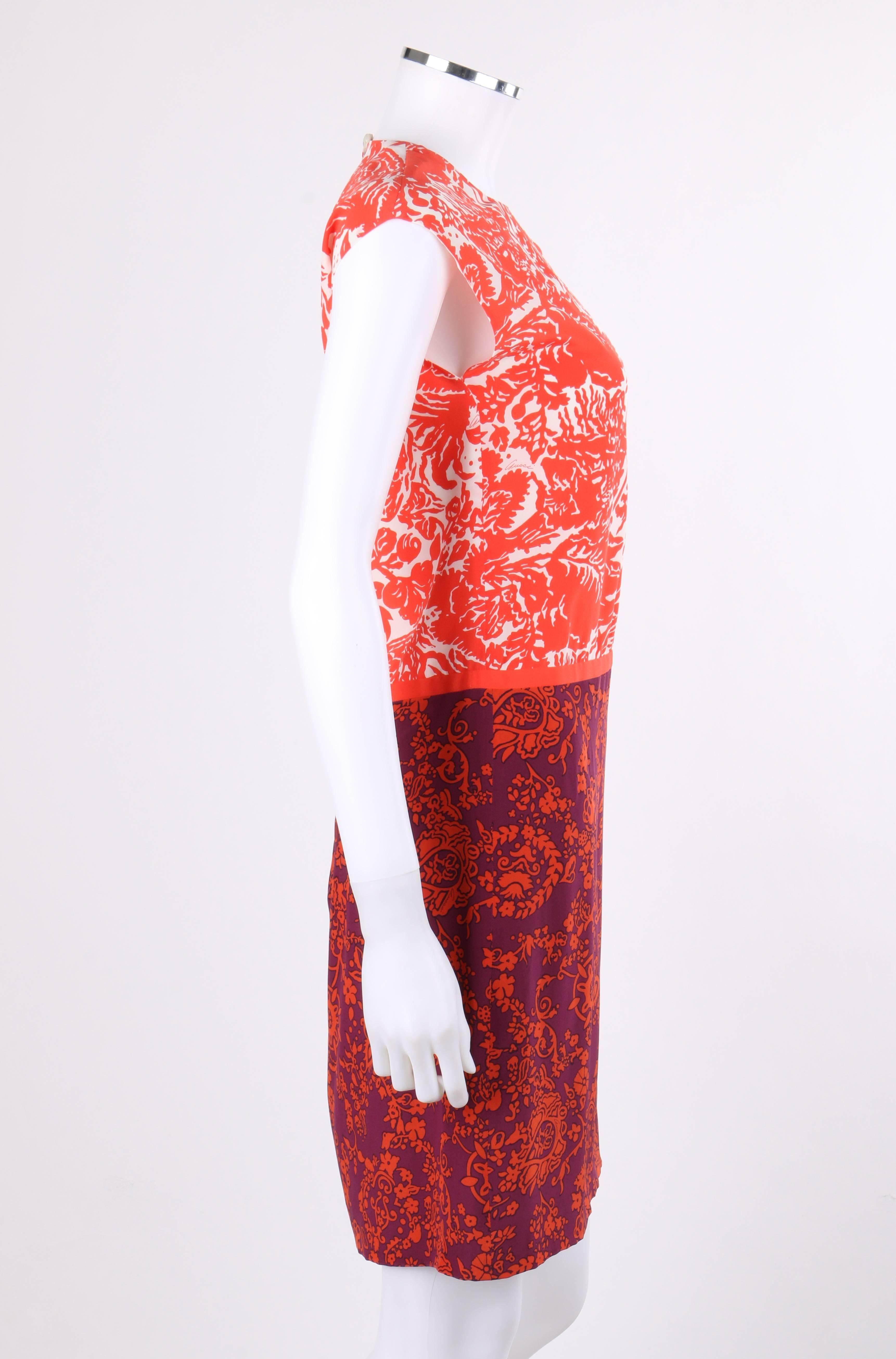 GUCCI Resort 2012 Orange & Lila Seiden-Farbblock-Shiftkleid mit Blumendruck NWT (Rot) im Angebot
