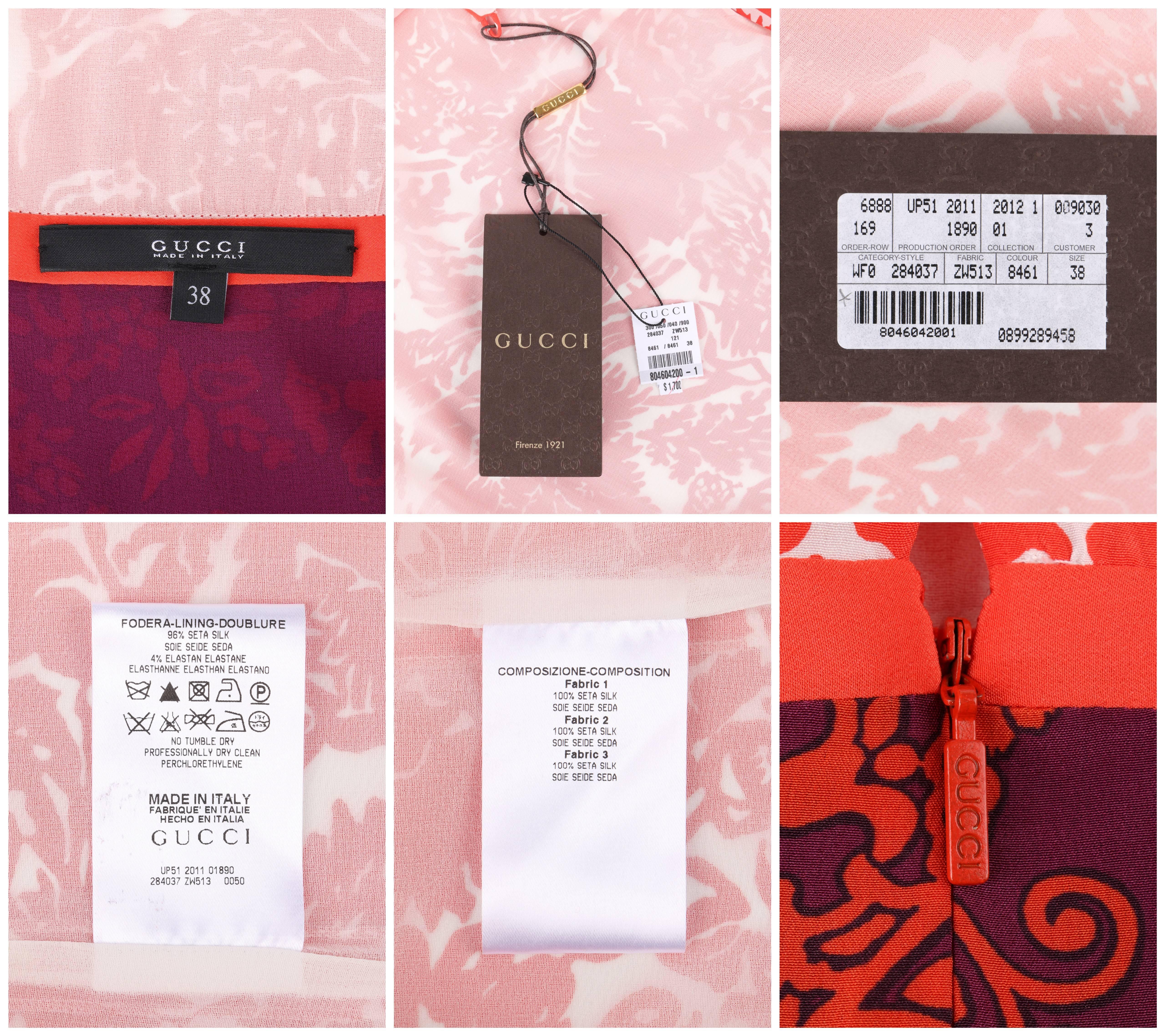 Red GUCCI Resort 2012 Orange & Purple Floral Print Silk Colorblock Shift Dress NWT For Sale